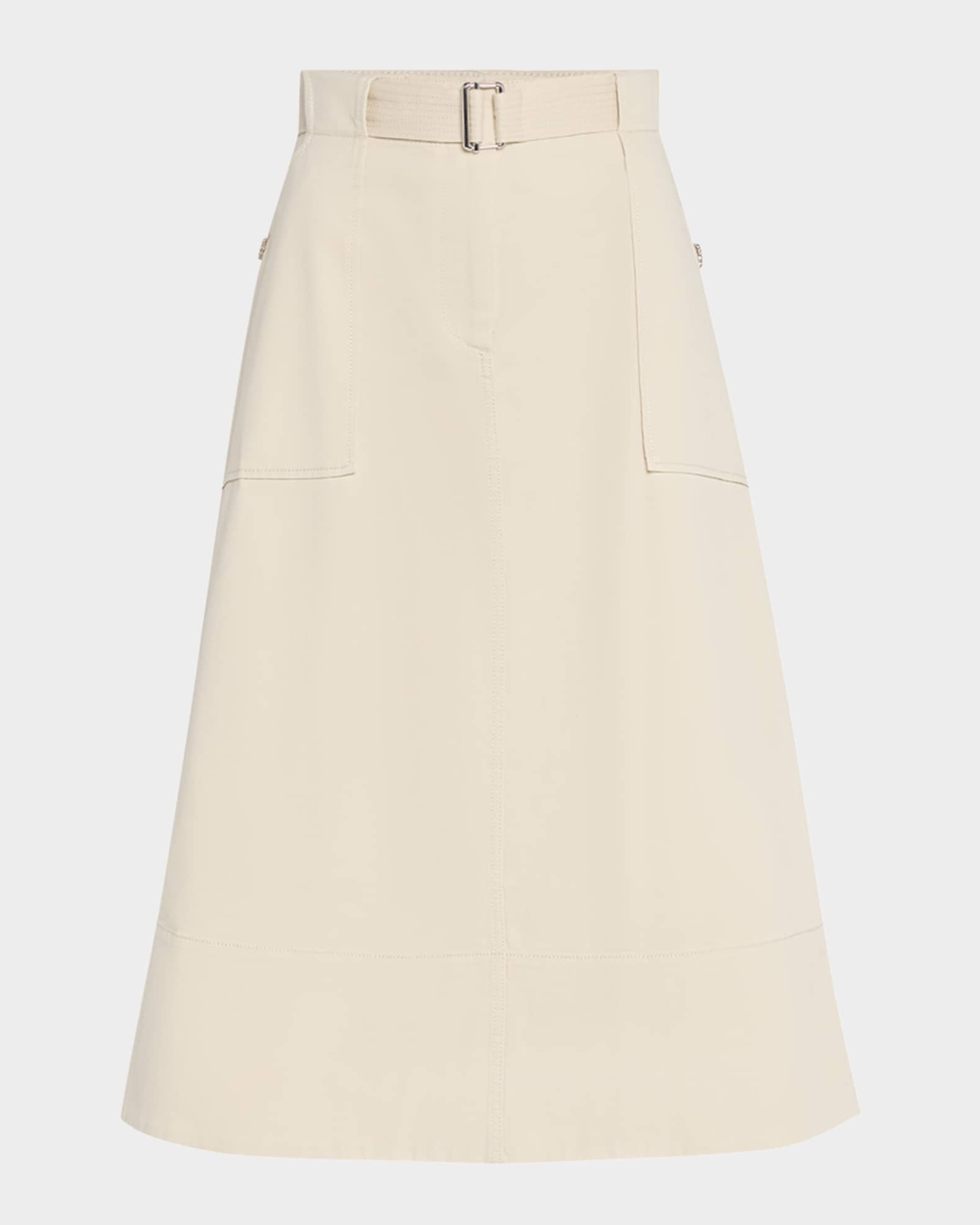 Belted Cotton Canvas Midi Skirt 0