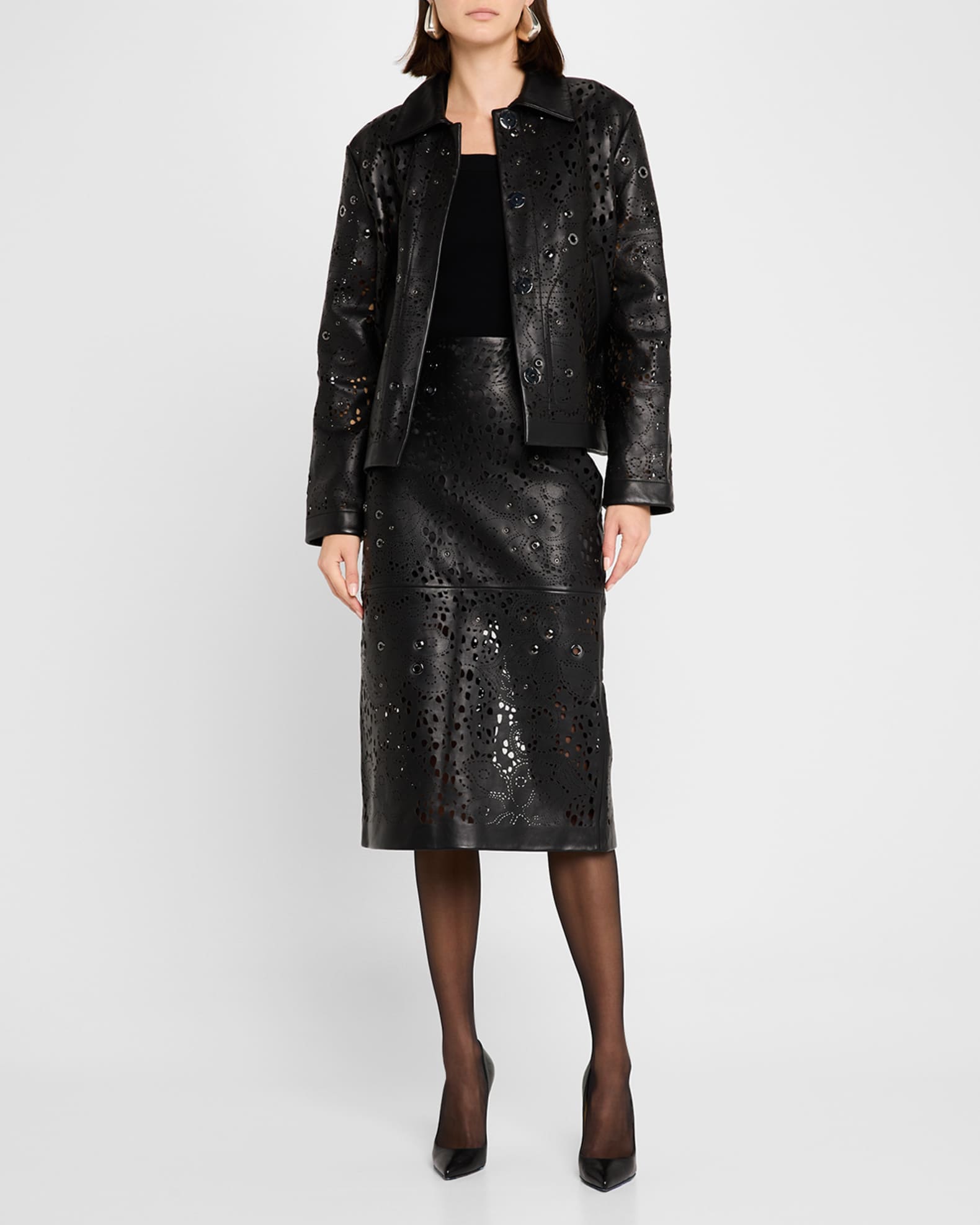 Lace Lasercut Leather Embellished Midi Skirt 1