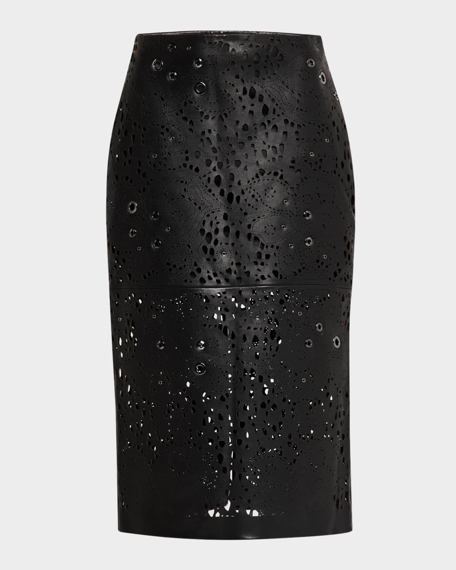 Lace Lasercut Leather Embellished Midi Skirt 0