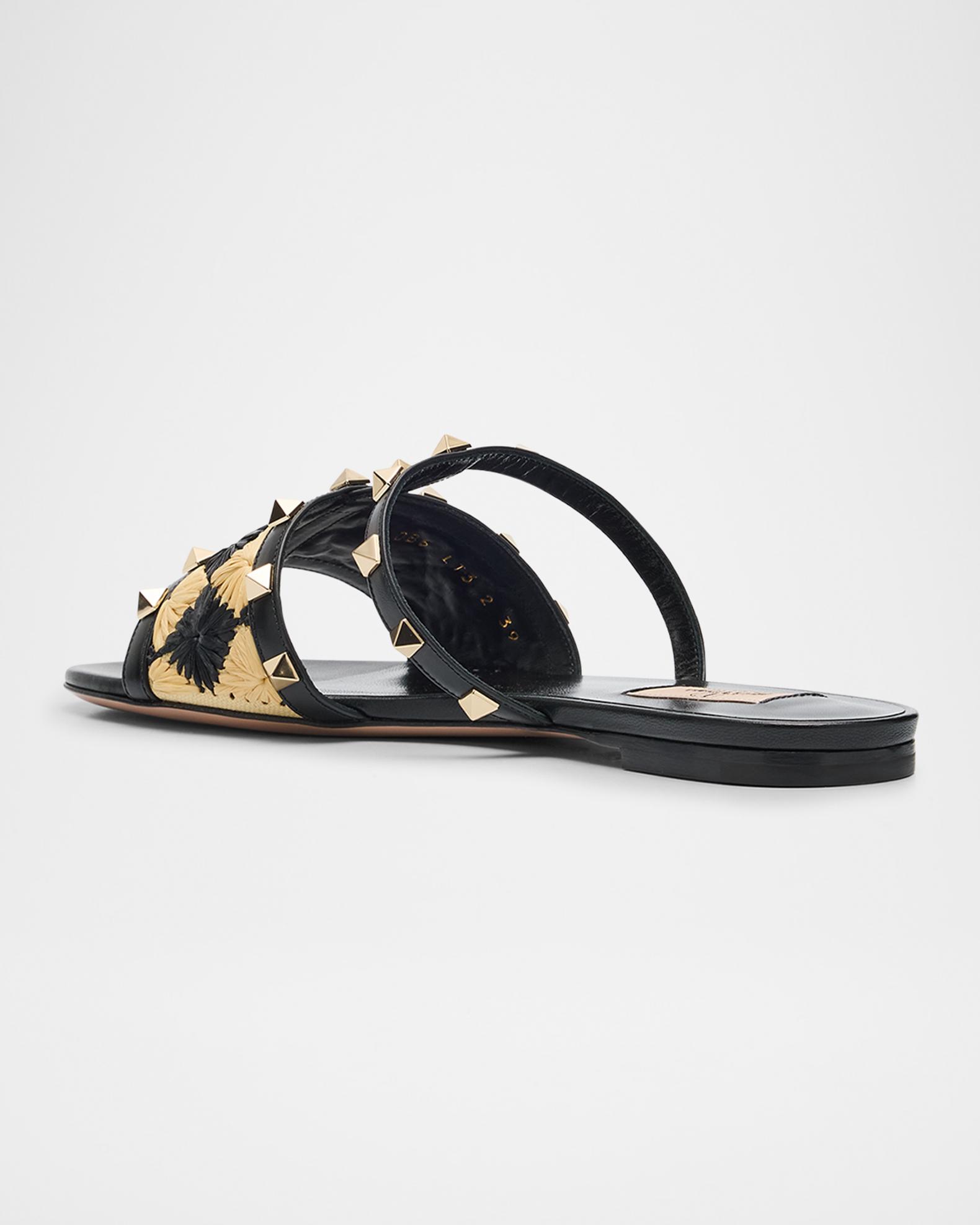 Valentino Garavani Rockstud Raffia Flat Slide Sandals 