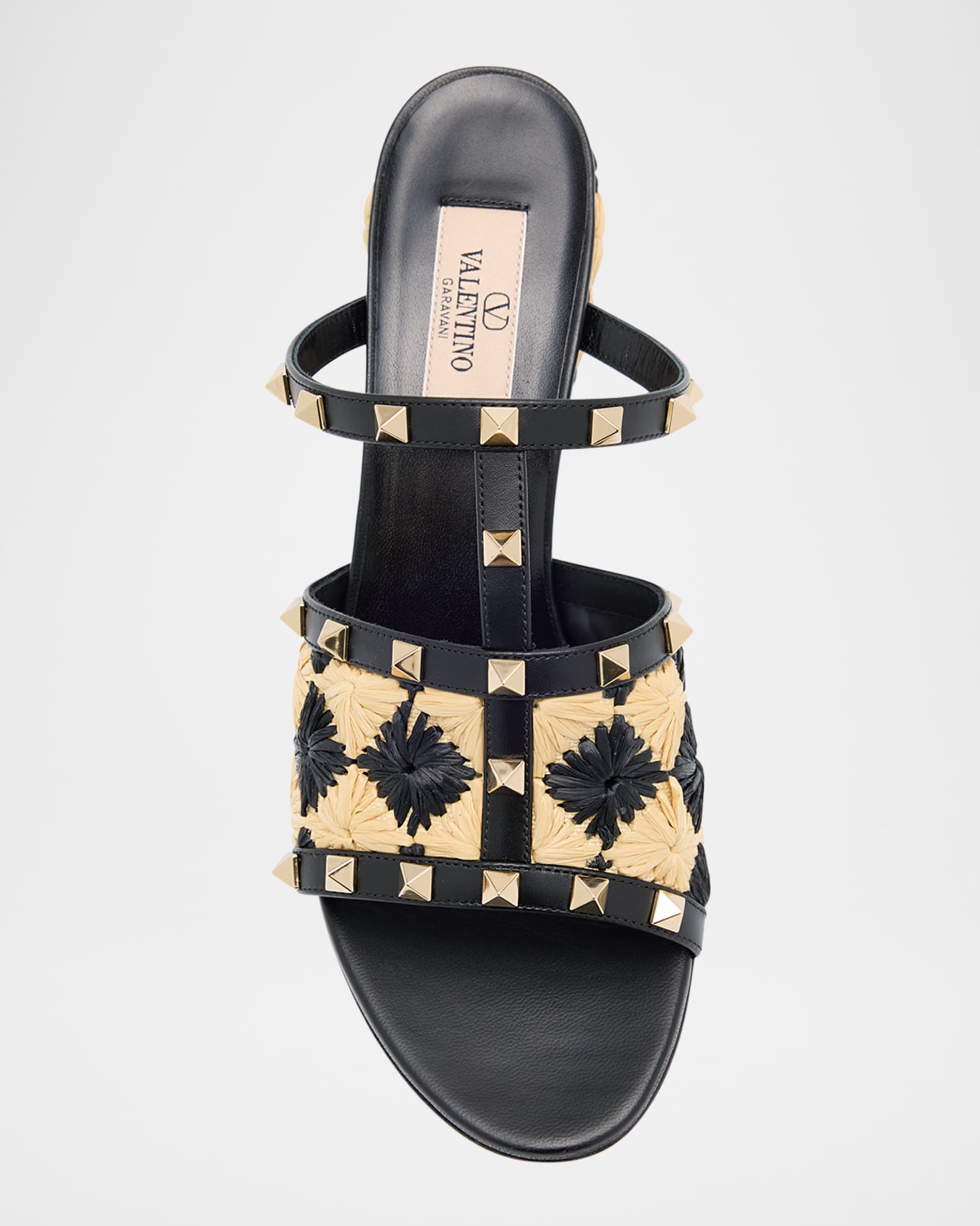 Valentino Garavani Rockstud Raffia T-Strap Slide Sandals