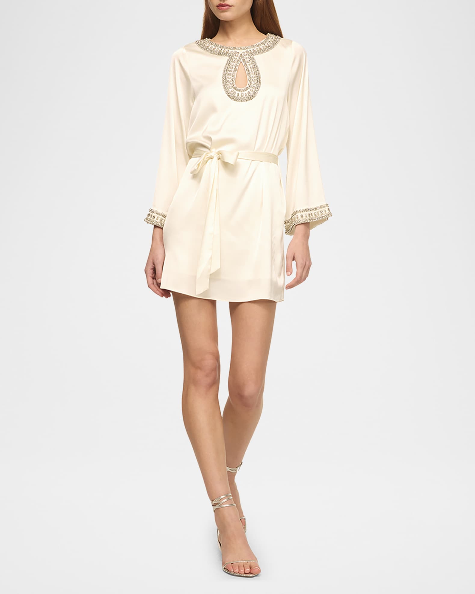Misa Ivy Embellished Mini Dress Ivory Satin