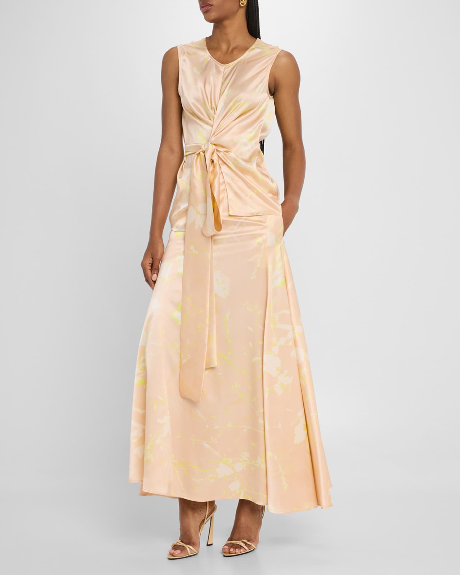 Tilia-Print Knotted Sleeveless Silk Top 1