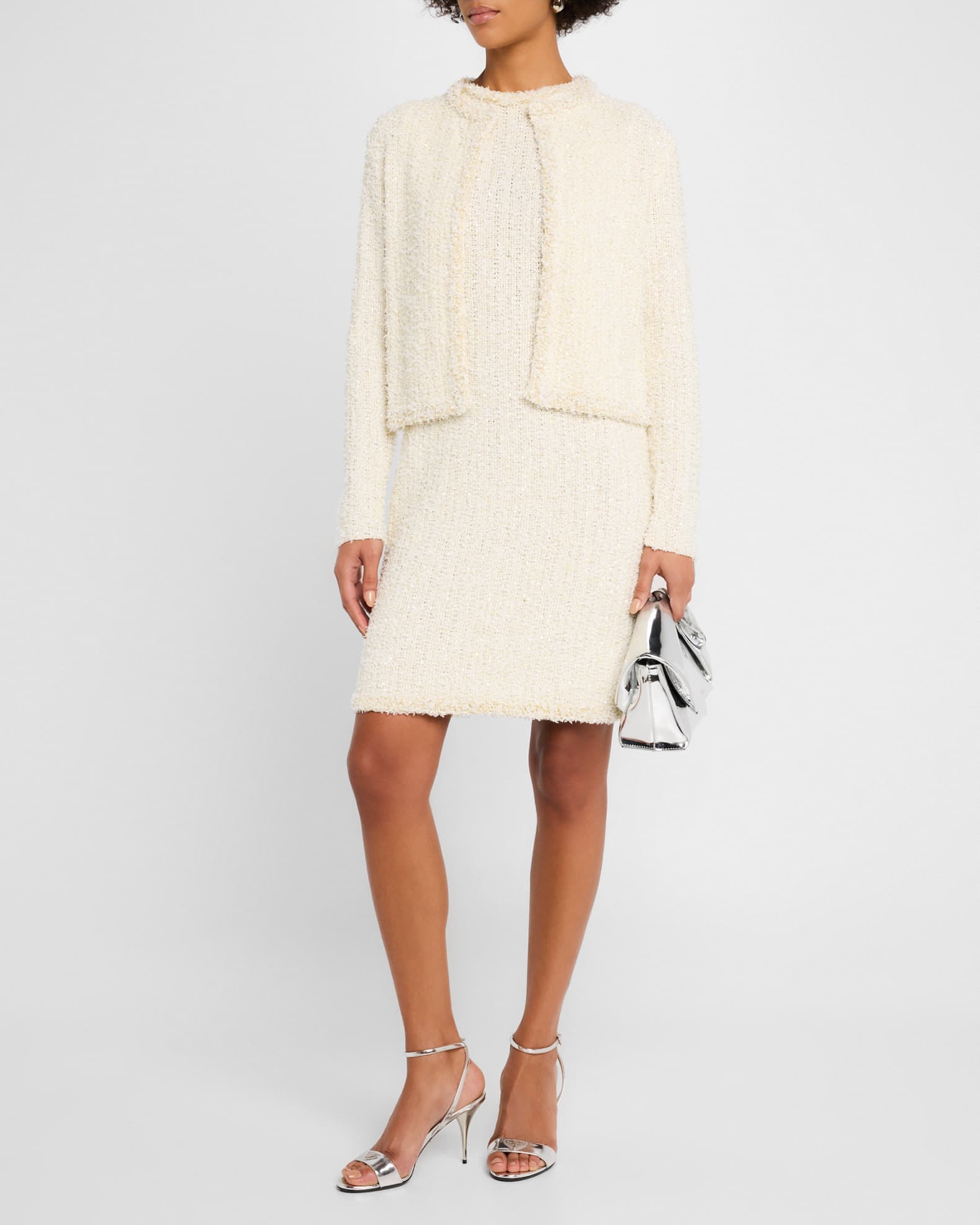 Fringe-Trim Sequin Tweed Cardigan 1