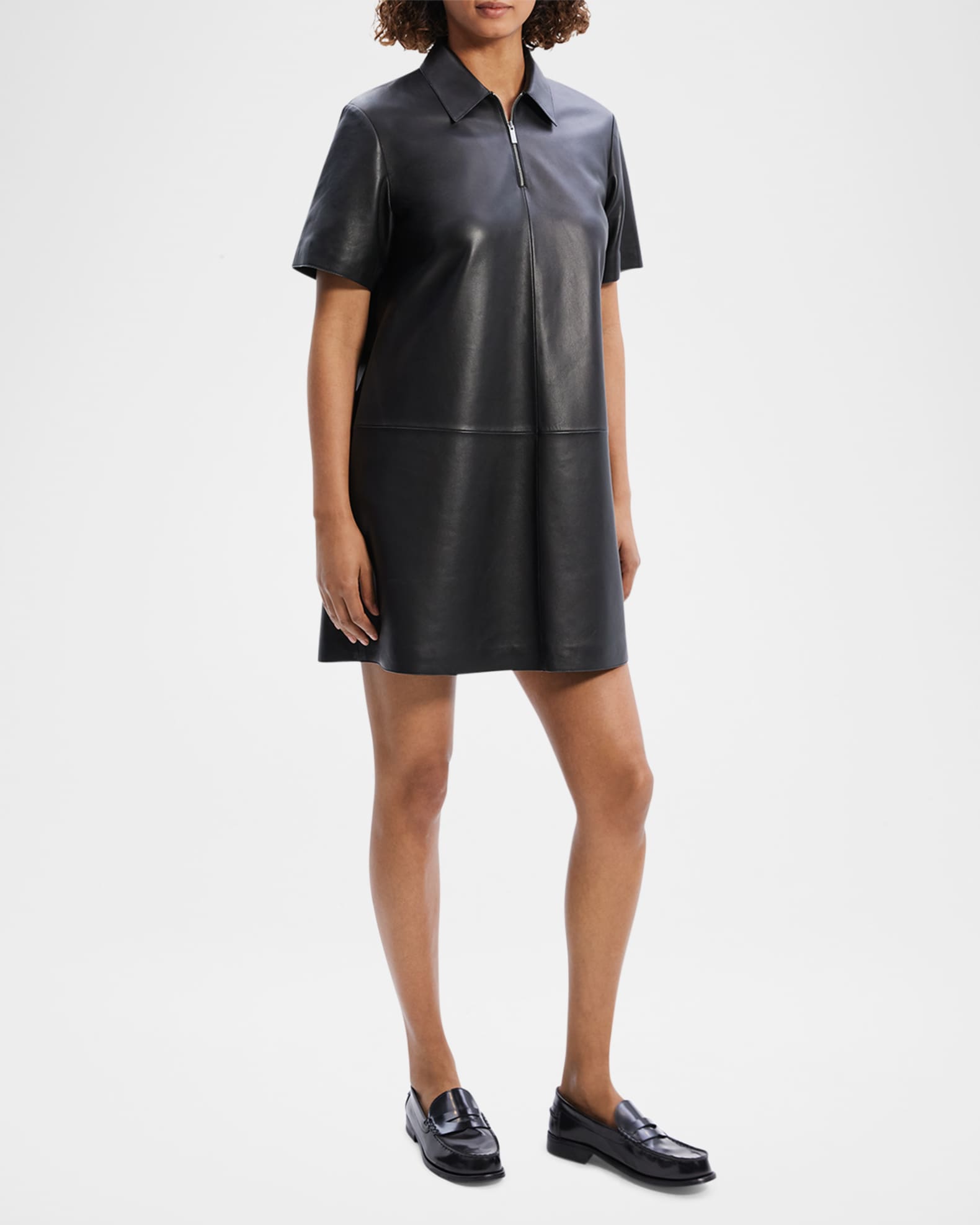 Short-Sleeve Half-Zip Nappa Leather Mini Dress 1