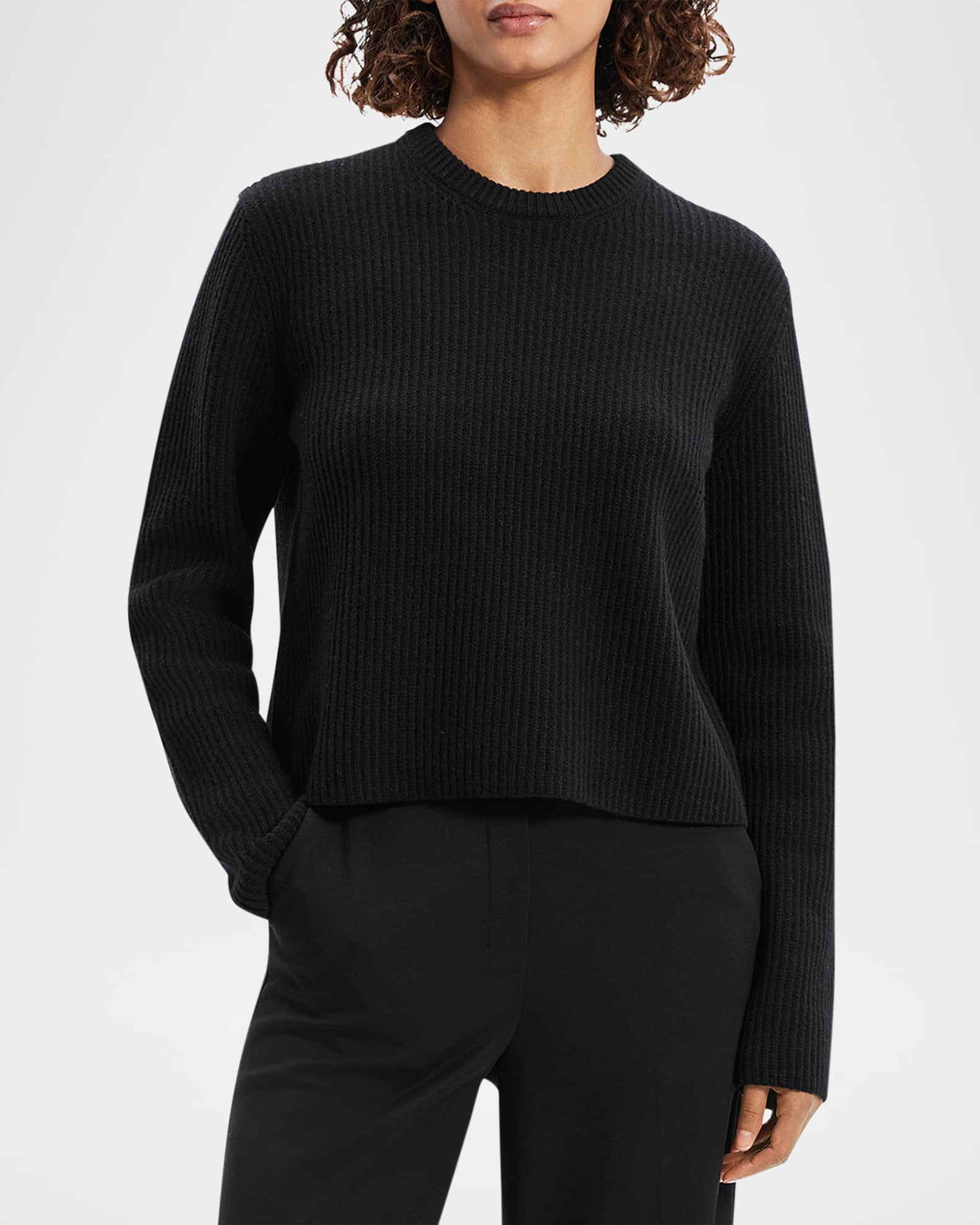Theory Crewneck Sweater in Felted Wool Cashmere Black