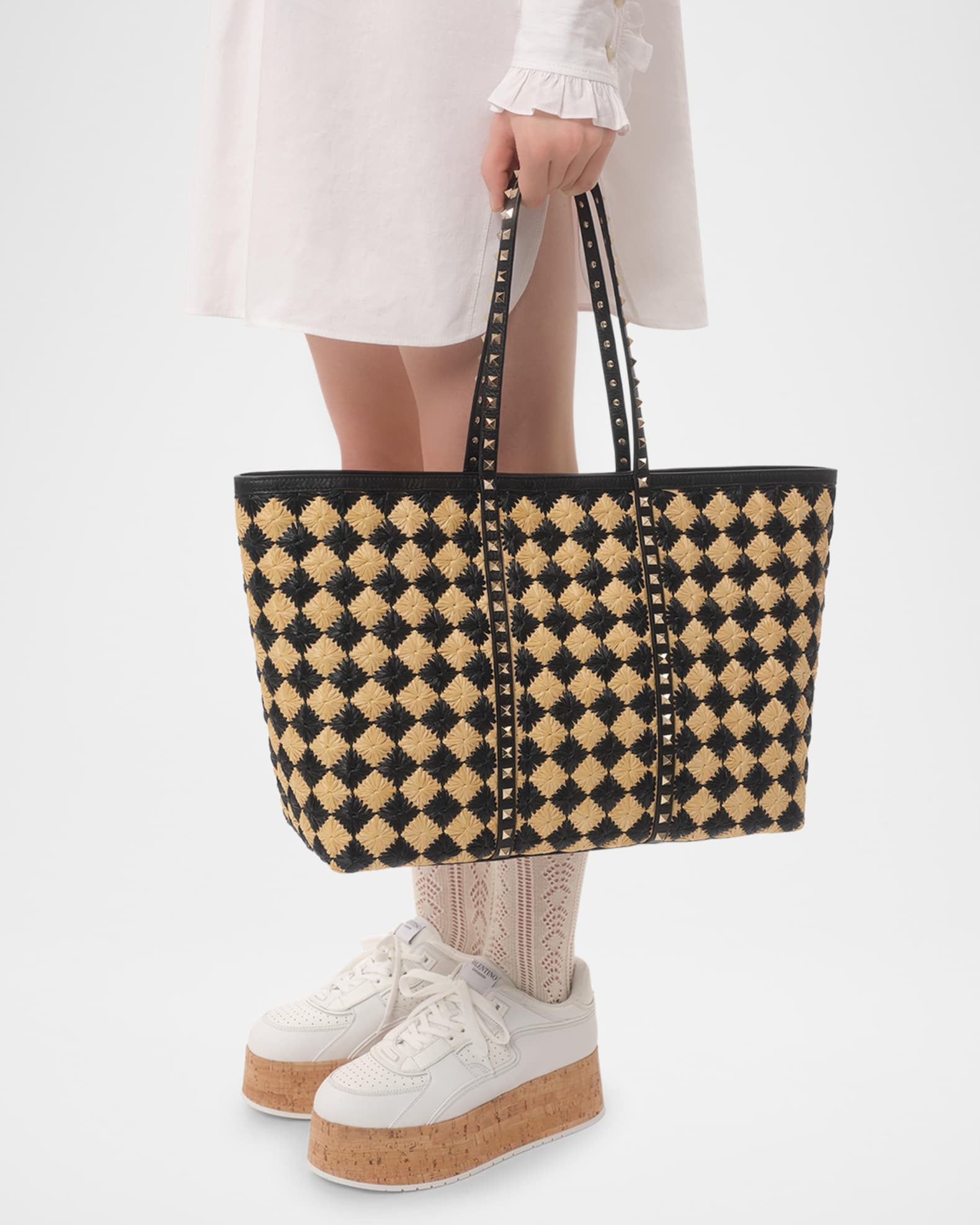 Valentino Garavani Rockstud Embroidered Raffia Shopping Tote