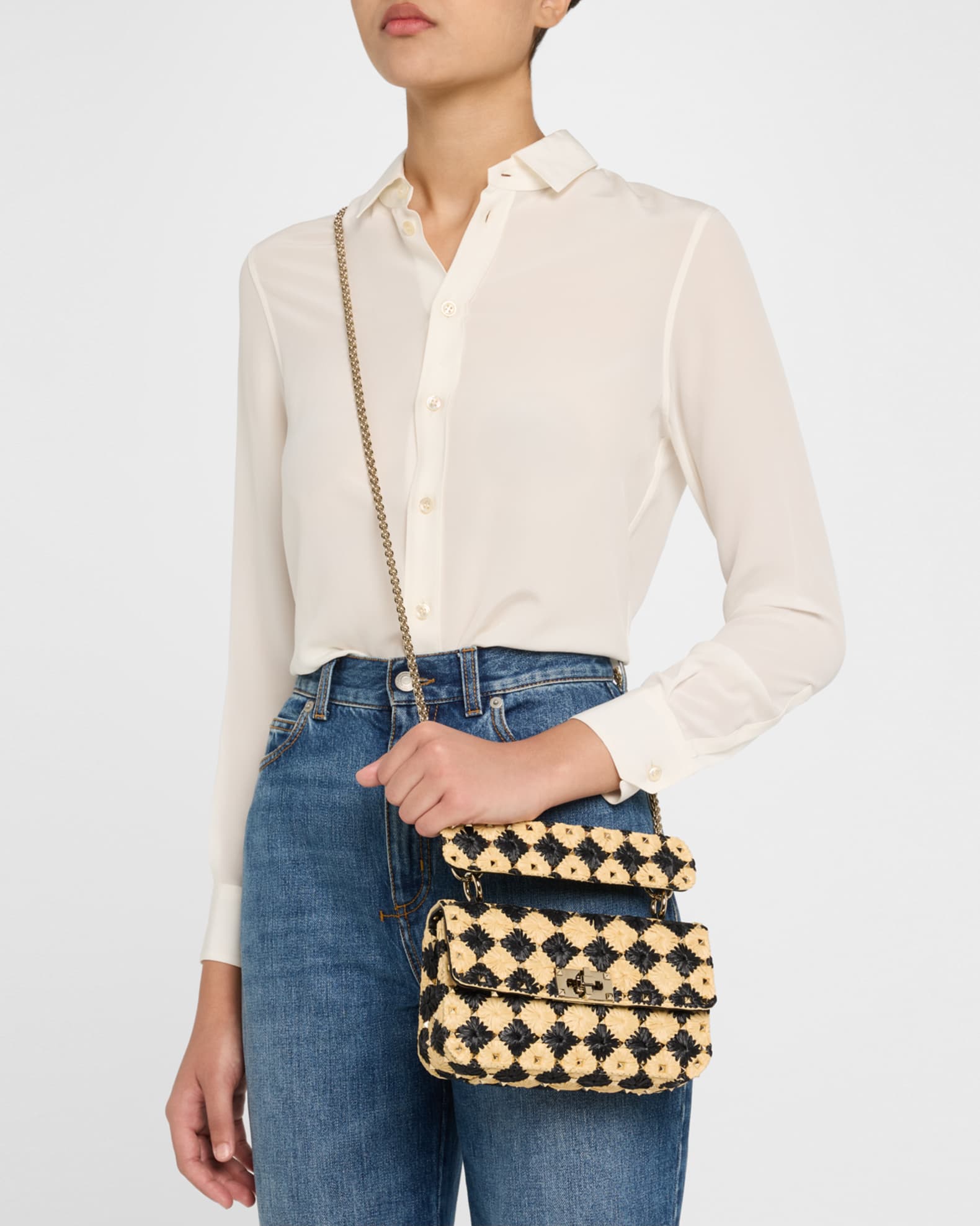Rockstud Checkered Woven Shoulder Bag  1