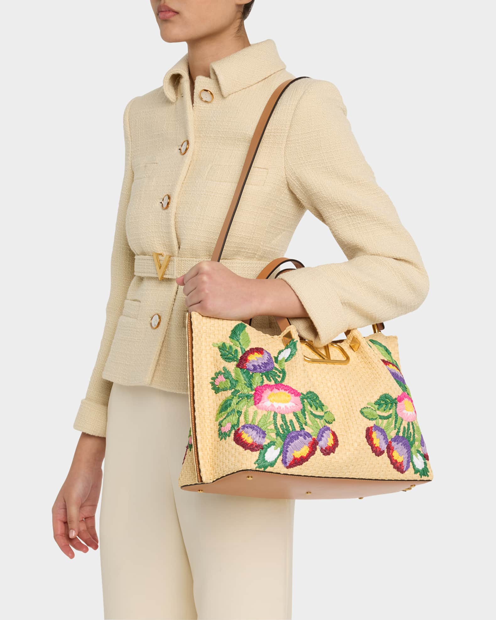 Valentino Garavani Floral Embroidered Raffia Medium Shopping