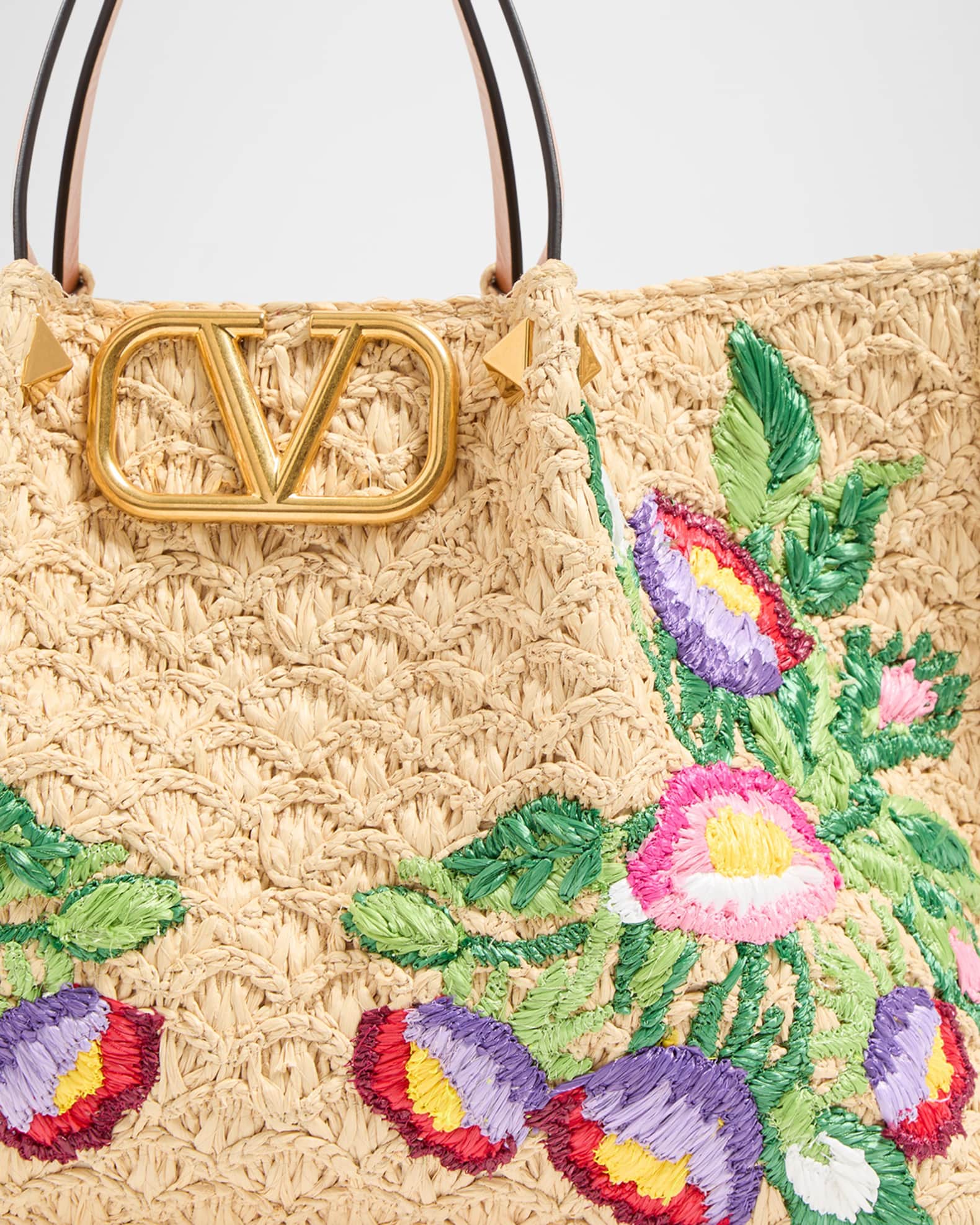 Valentino Garavani Floral Embroidered Raffia Medium Shopping