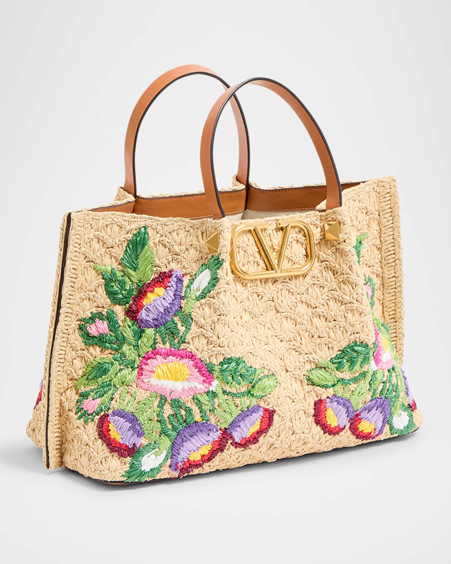 Floral Embroidered Raffia Medium Shopping Tote Bag 1