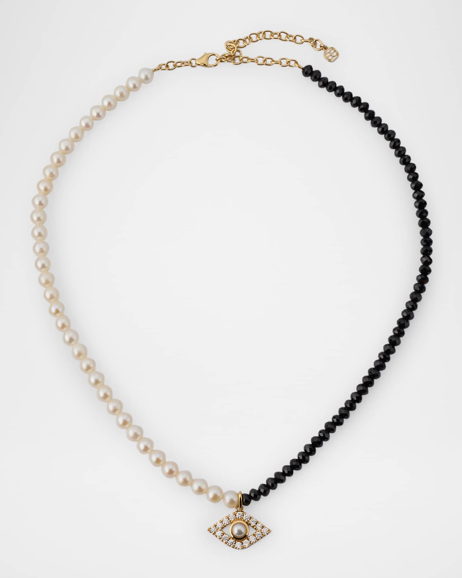 XL Pearl and Black Spinel Beaded Necklace with Diamond Evil Eye Charm 0