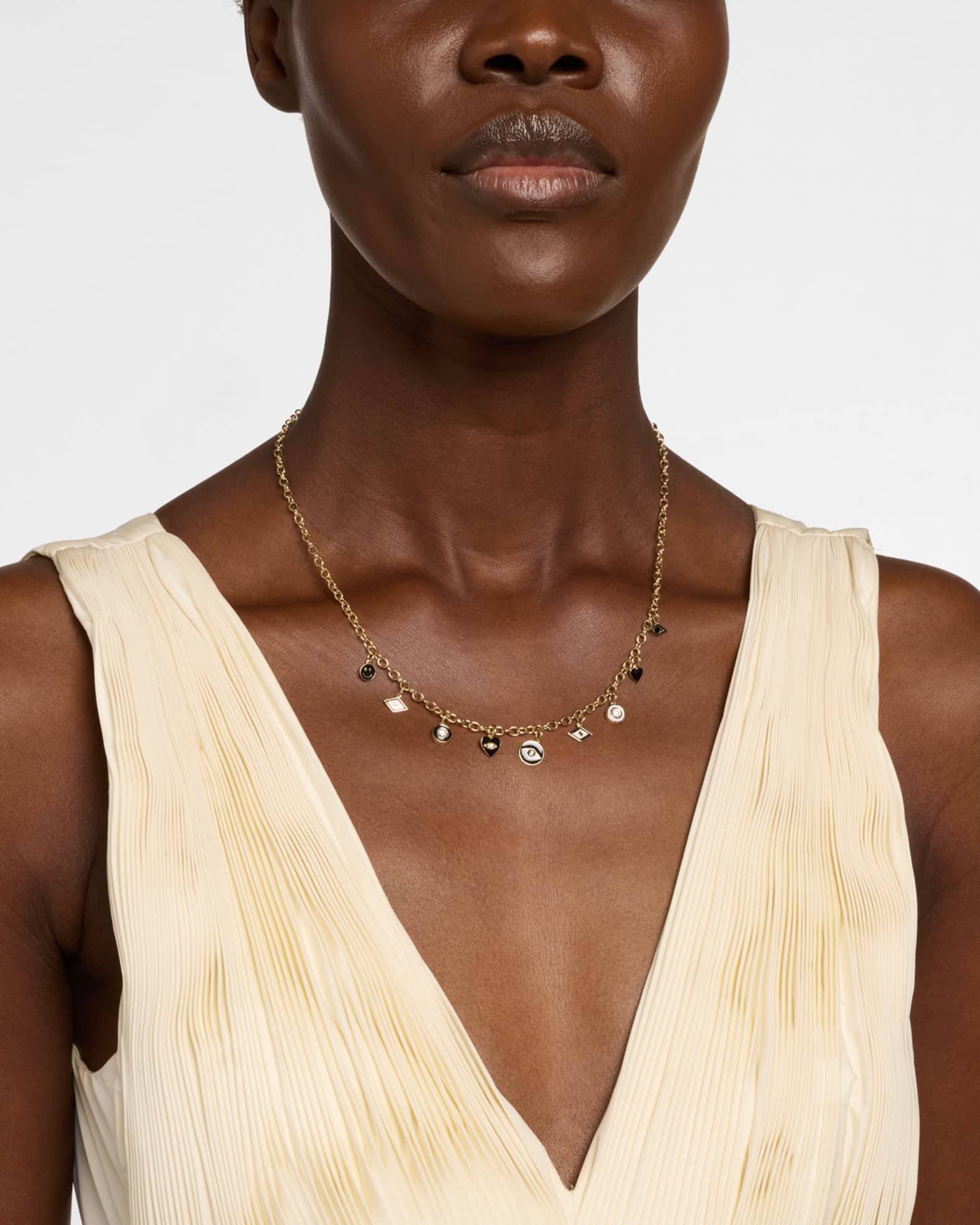 14K Yellow Gold Black and White Enamel Charm Necklace with Diamonds  1
