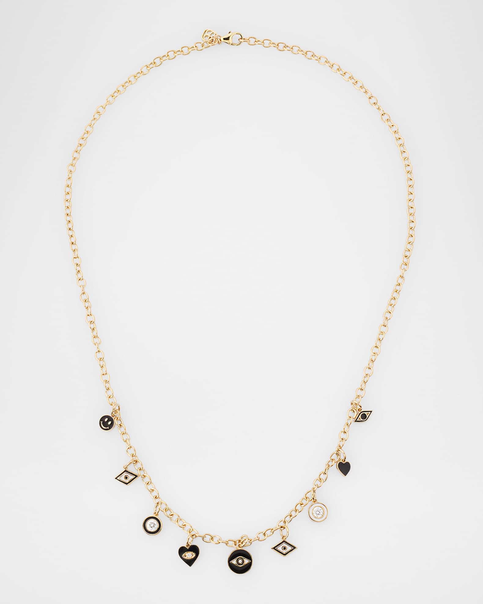 14K Yellow Gold Black and White Enamel Charm Necklace with Diamonds  0