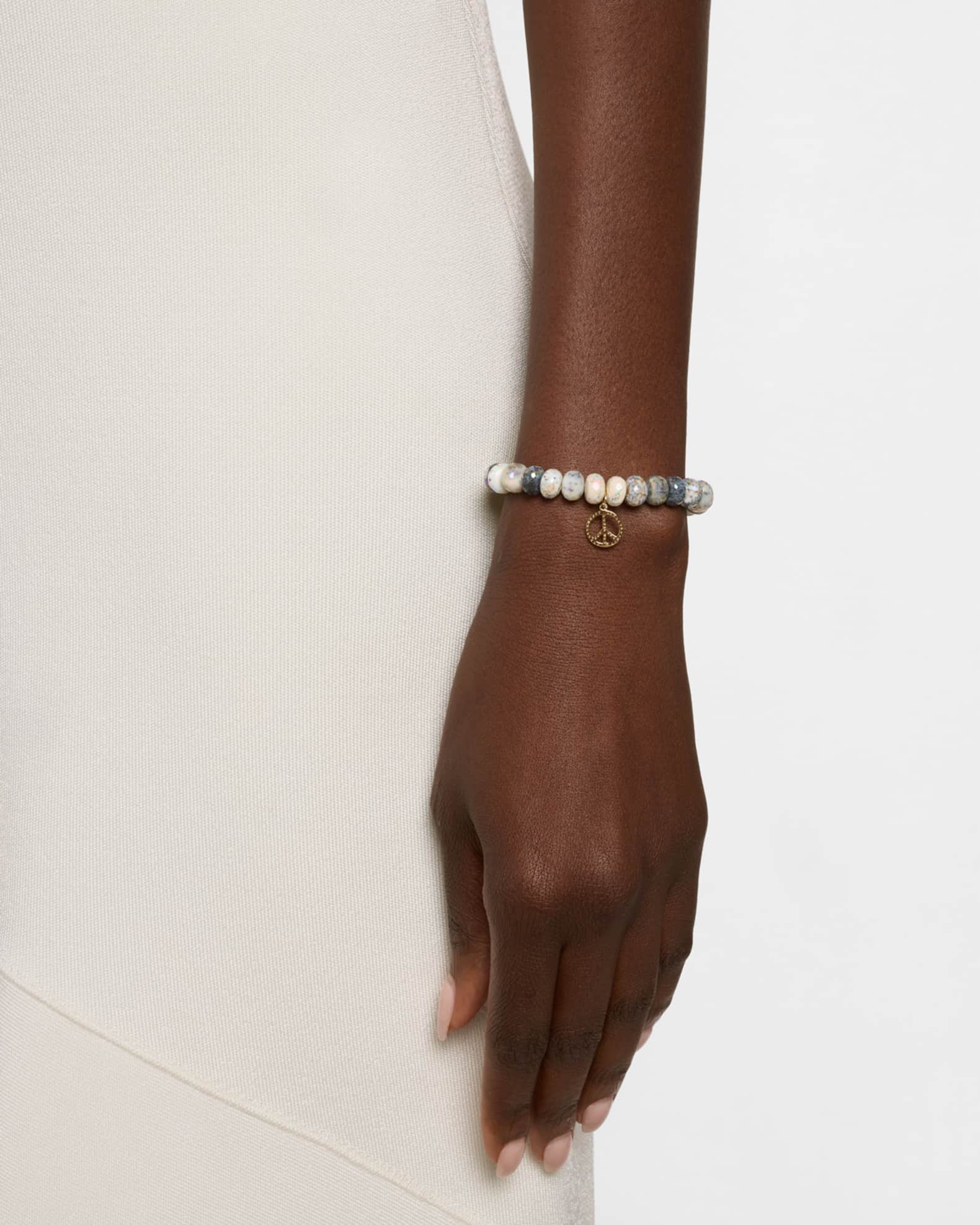 Small Diamond Peace Sign Charm and Opal Bead Bracelet 1
