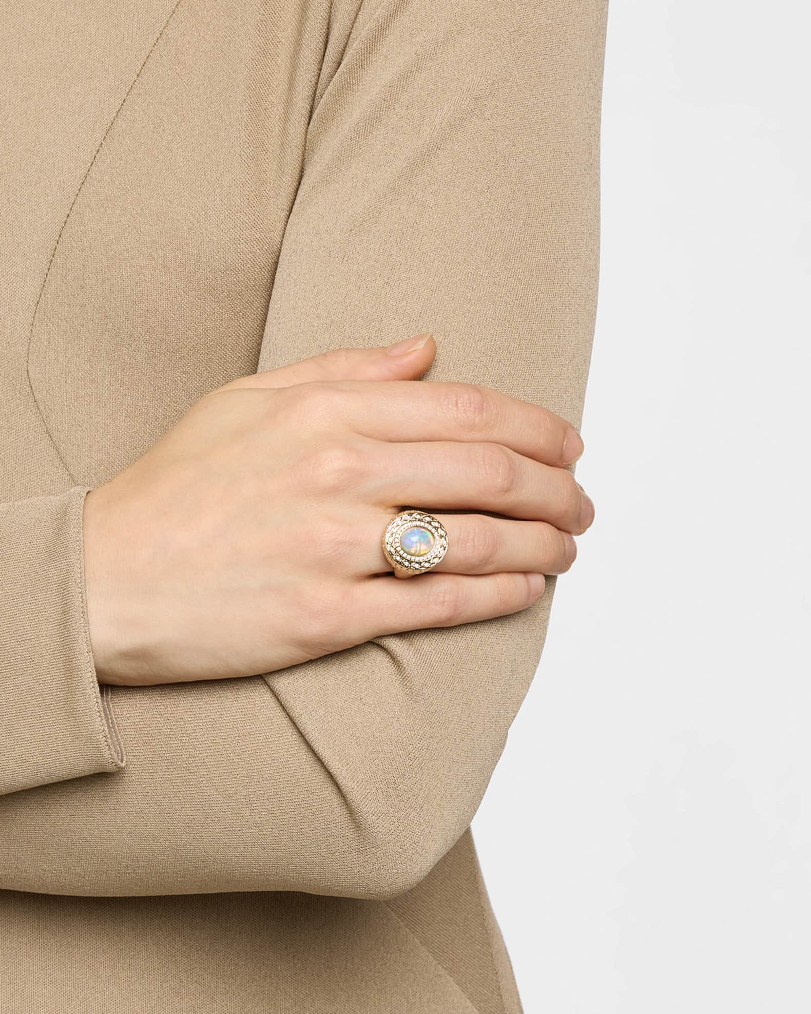 14K Yellow Gold Marquise Eye Opal Cabochon Signet Ring with Diamonds 1