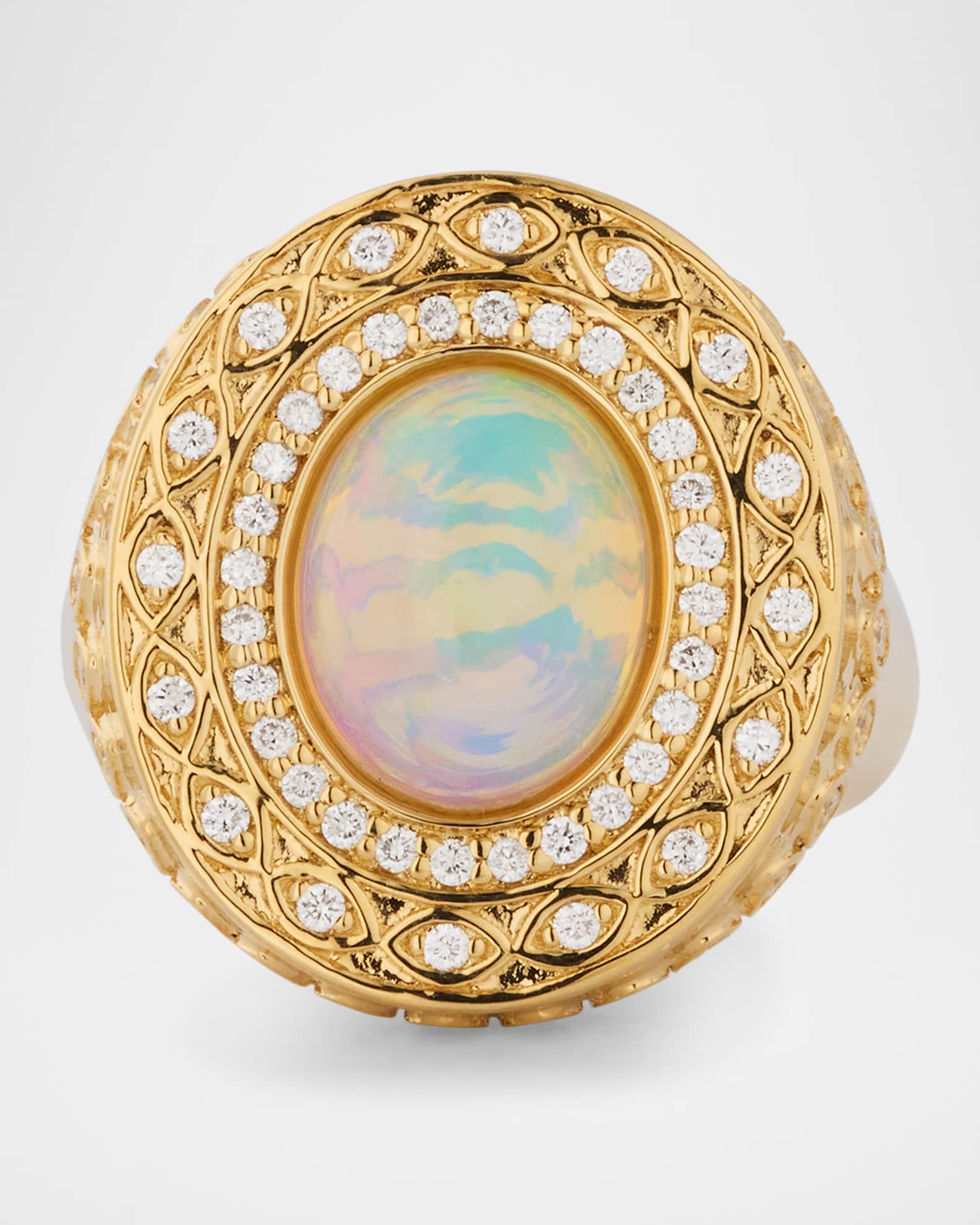 14K Yellow Gold Marquise Eye Opal Cabochon Signet Ring with Diamonds 0
