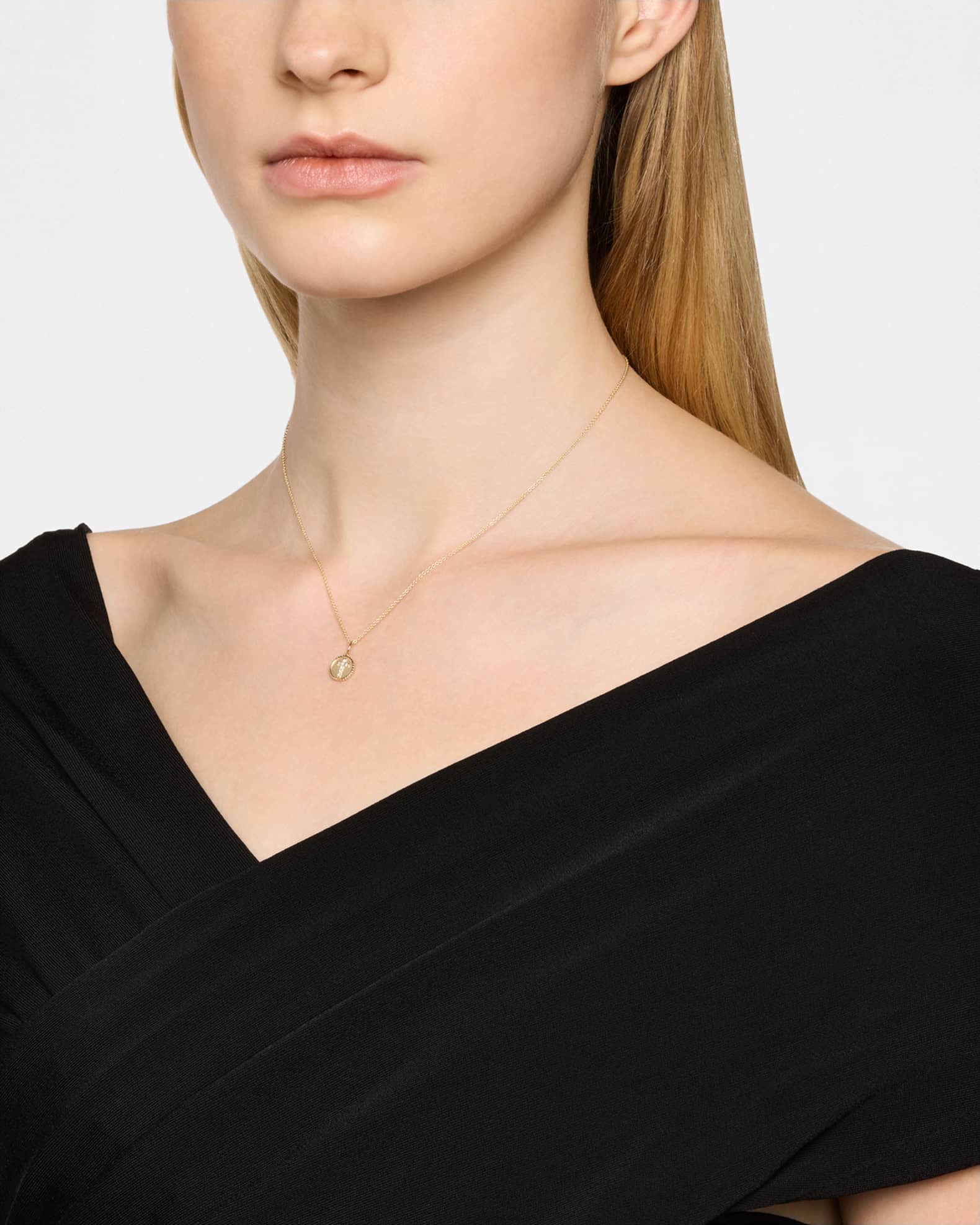 14K Yellow Gold Tiny Gold Cross Coin Charm Necklace with Diamonds 1