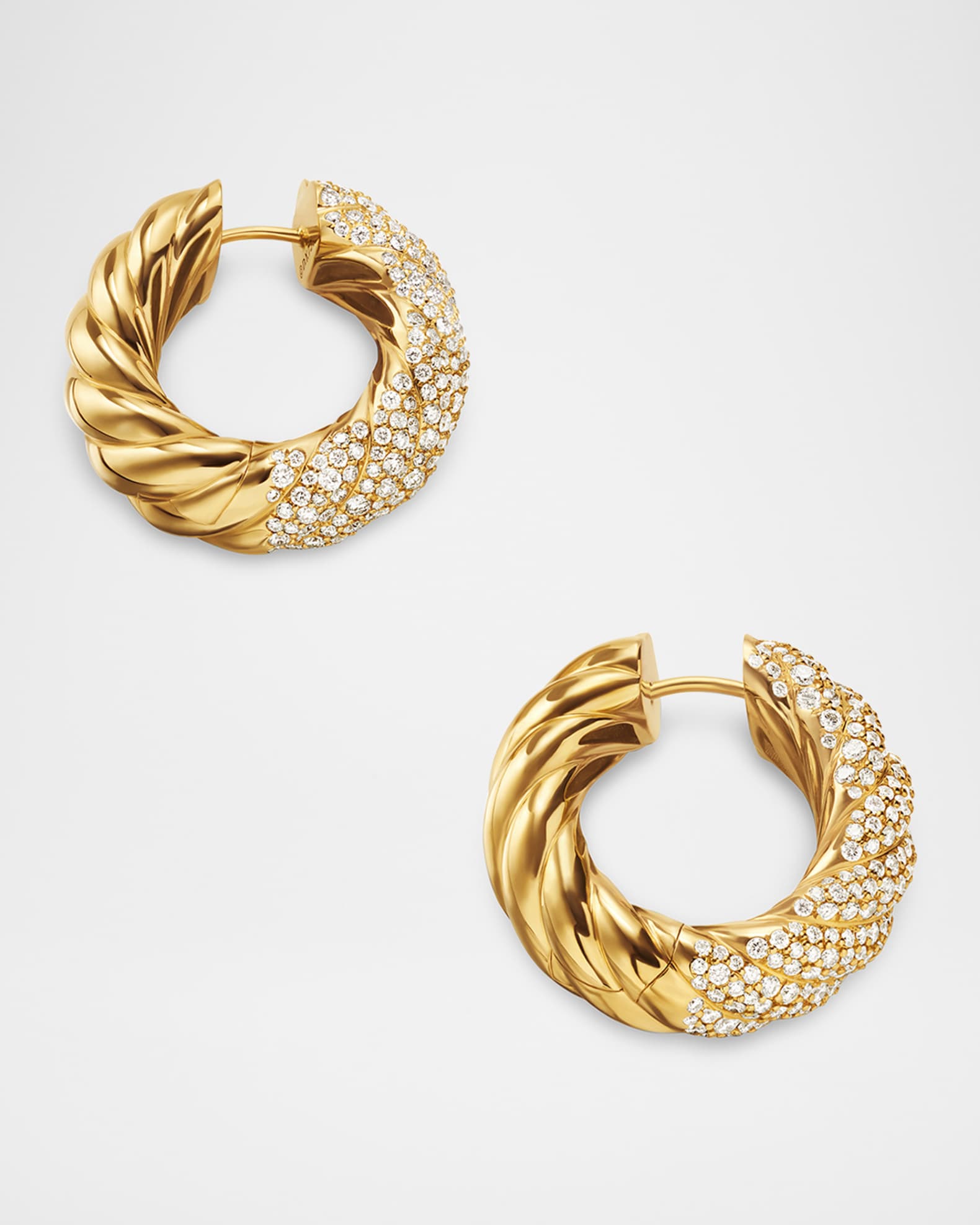 Sculpted Cable Hoop Earrings with Diamonds in 18K Gold, 9mm, 1"L 1