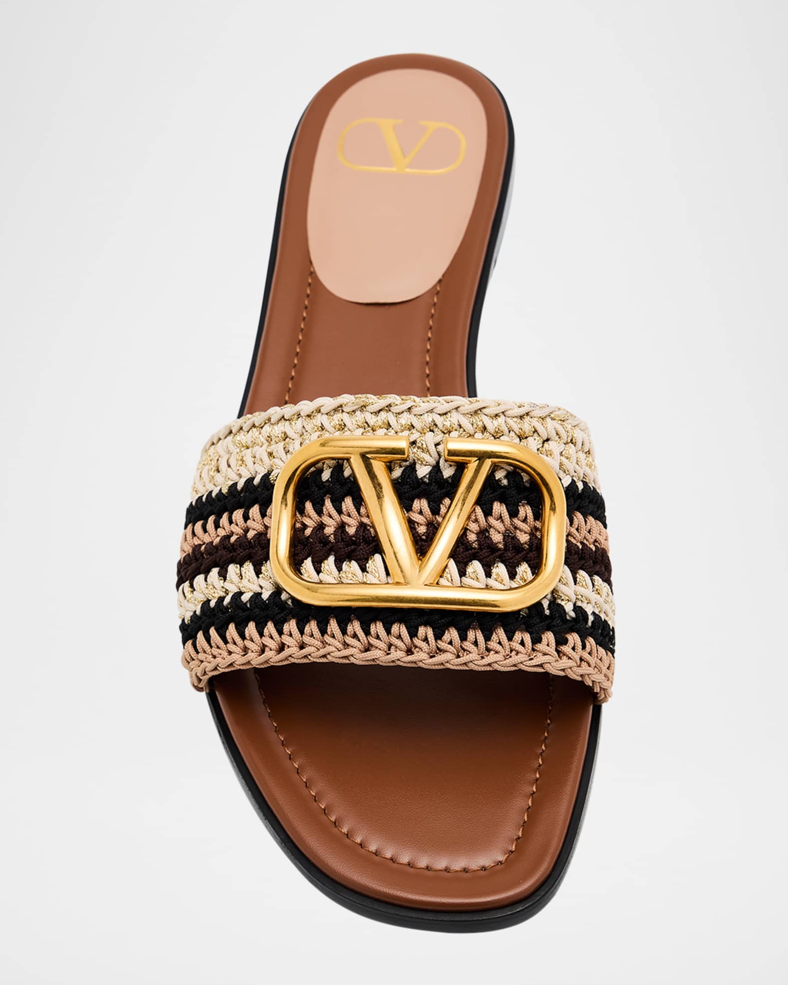 サンダル・ミュール VALENTINO GARAVANI Multicolor Crochet Vlogo Slippers Valentino Garavani VLogo Crochet Flat Slide Sandals | Neiman