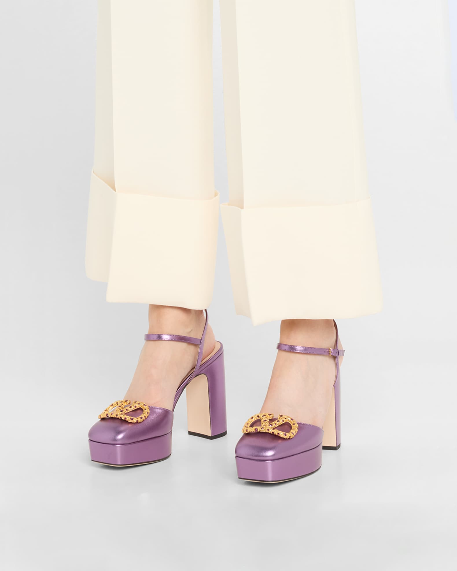 Valentino Garavani VLogo Metallic Ankle-Strap Platform Pumps