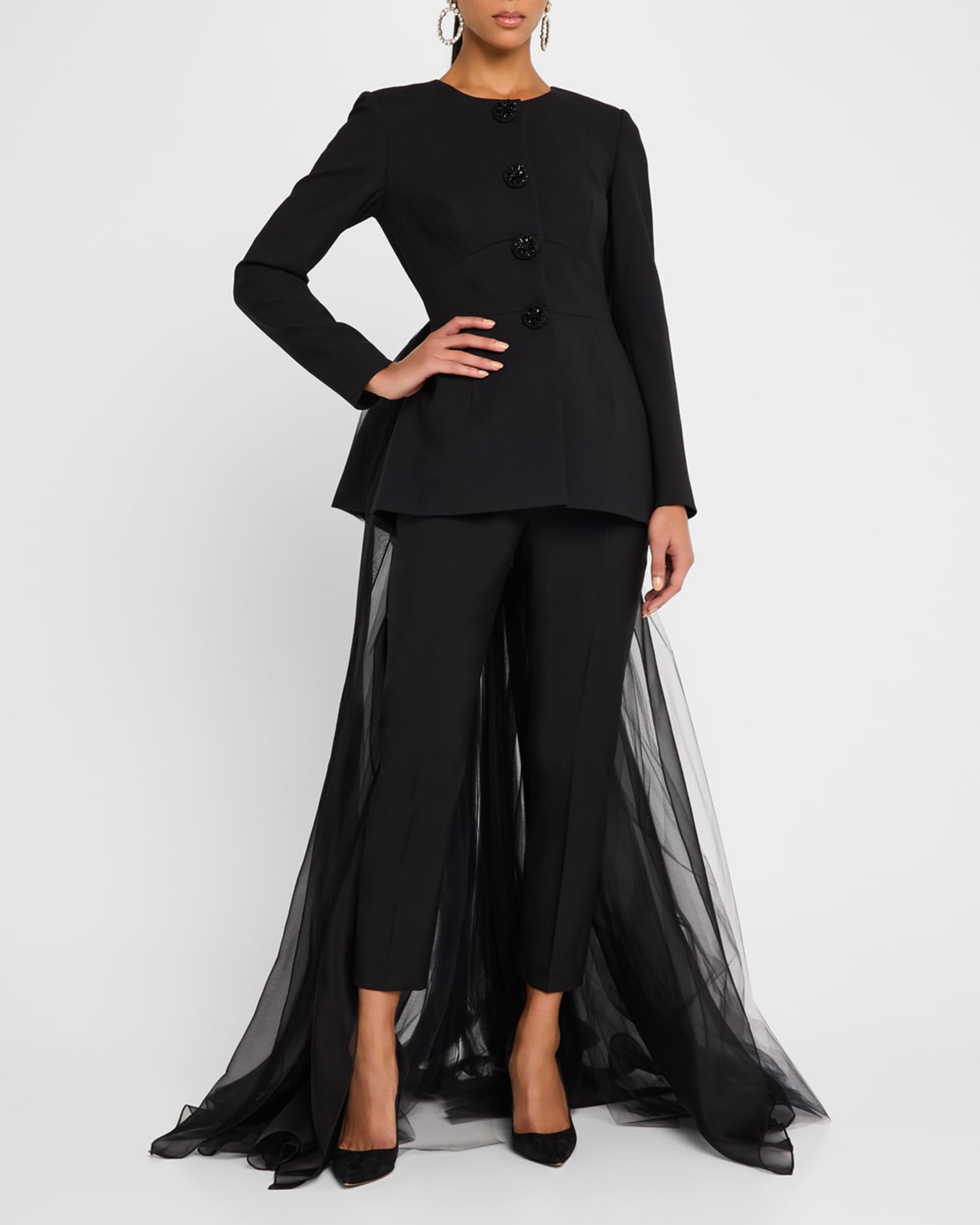 Open-Back Collarless Jacket With Removable Bow 1