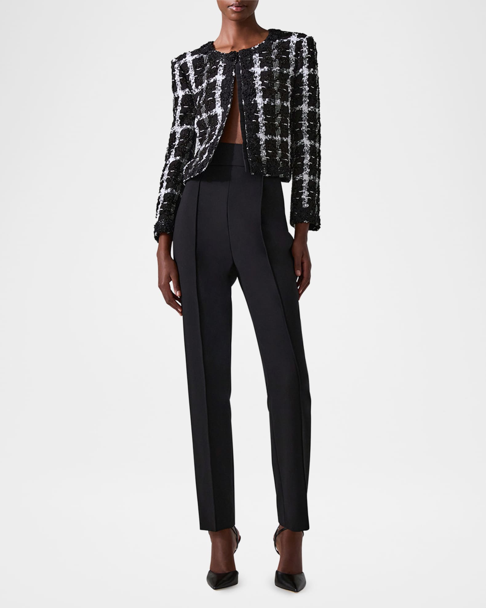 Collarless Metallic Check Tweed Crop Jacket 1