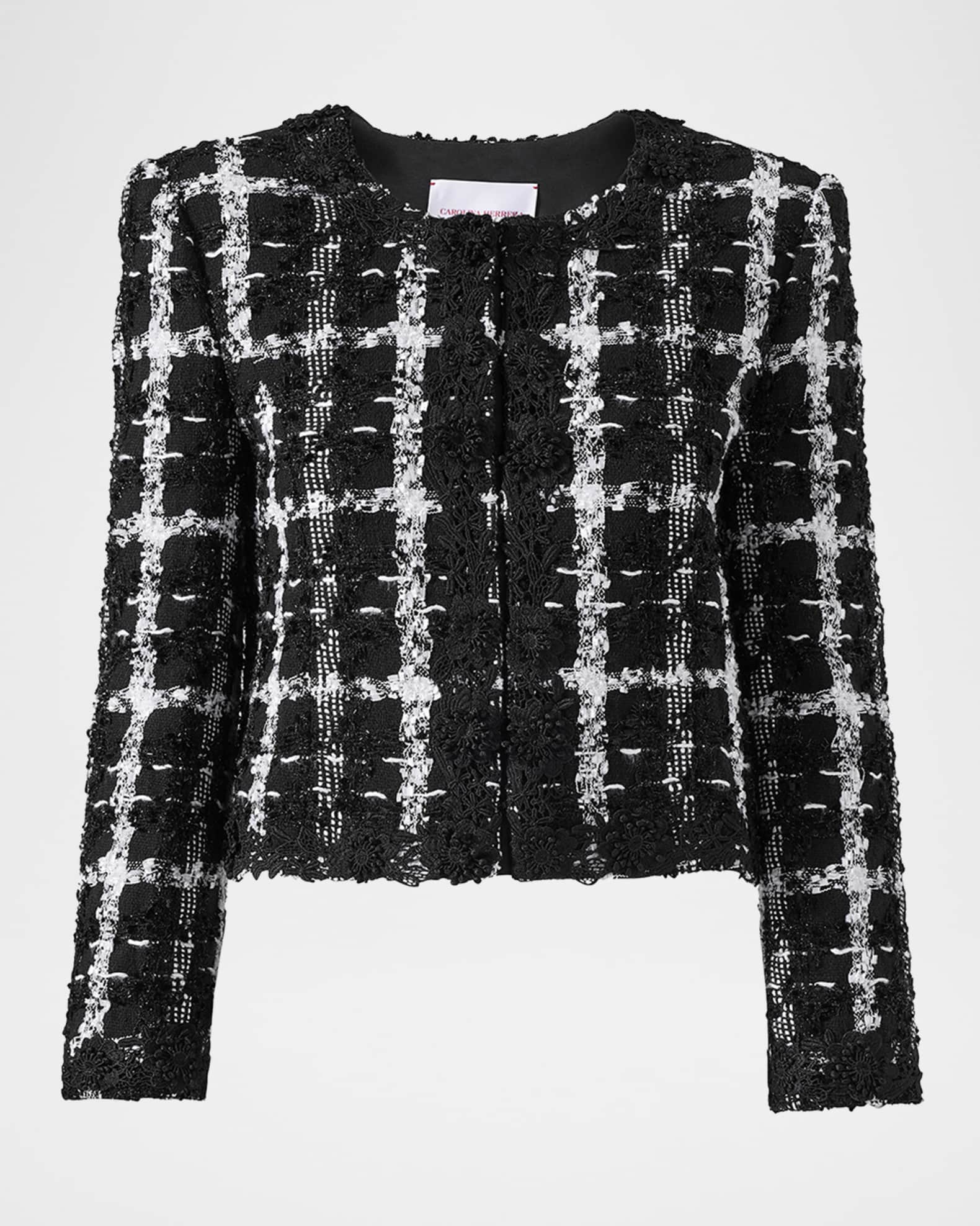Collarless Metallic Check Tweed Crop Jacket 0
