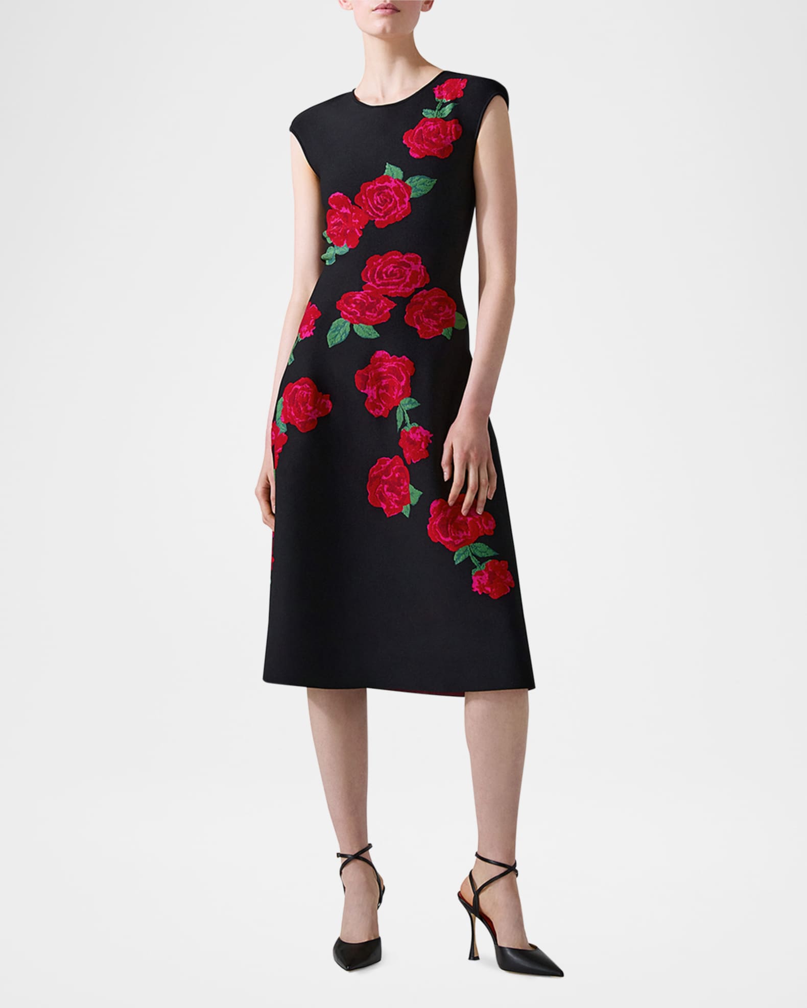 Floral Jacquard Cap-Sleeve Knit Flare Dress 1