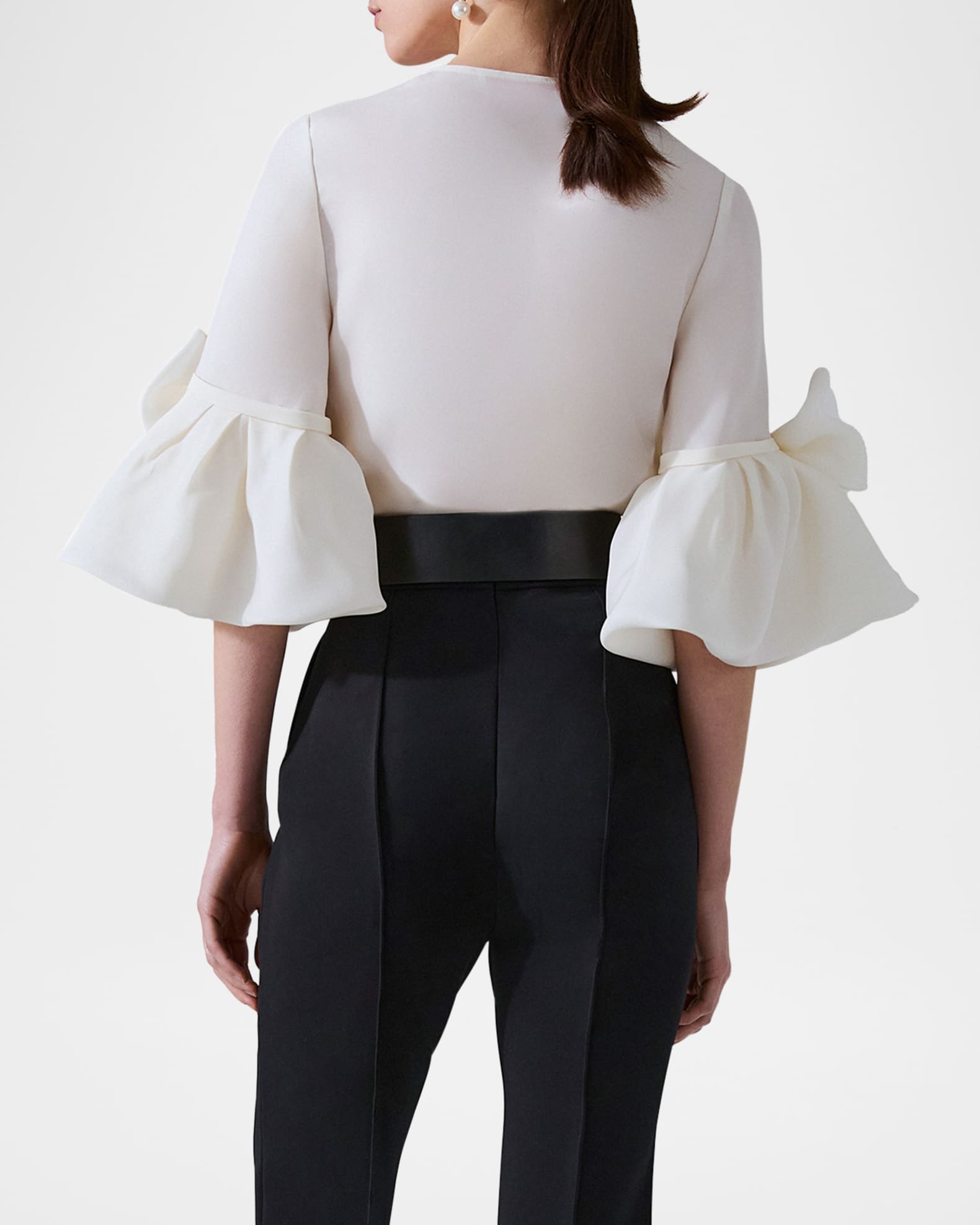 Pearly Button Bow Ruffle-Sleeve Silk Top 1
