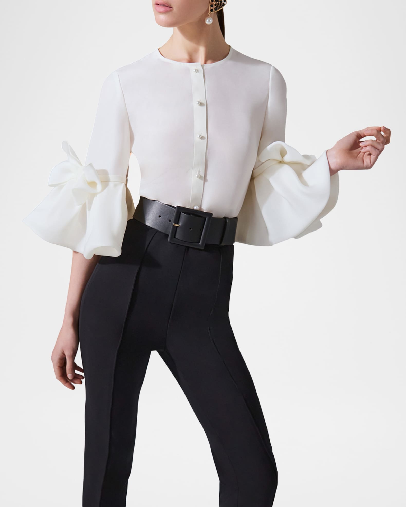 Carolina Herrera Pearly Button Bow Ruffle-Sleeve Silk Top