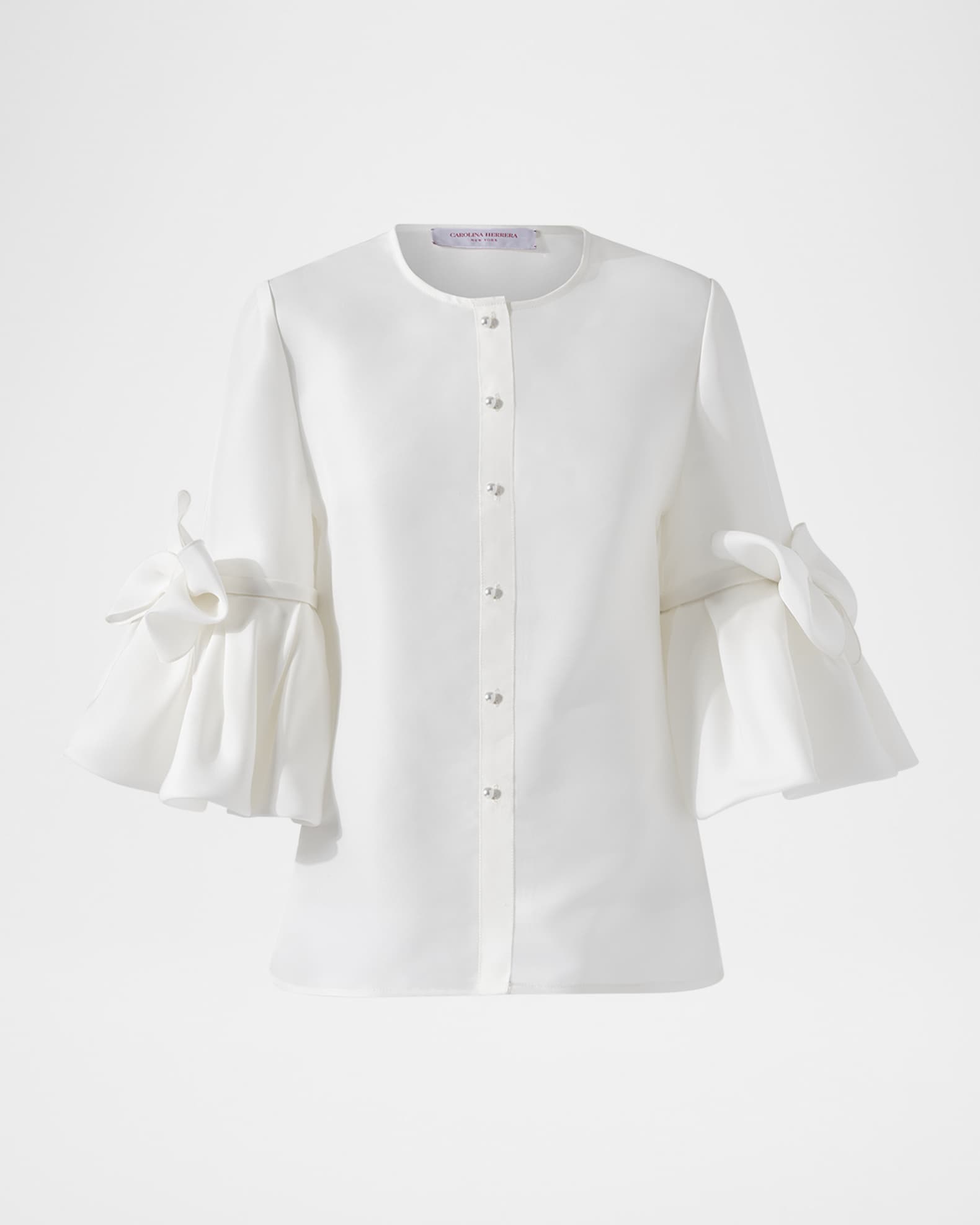 Carolina Herrera Pearly Button Bow Ruffle-Sleeve Silk Top