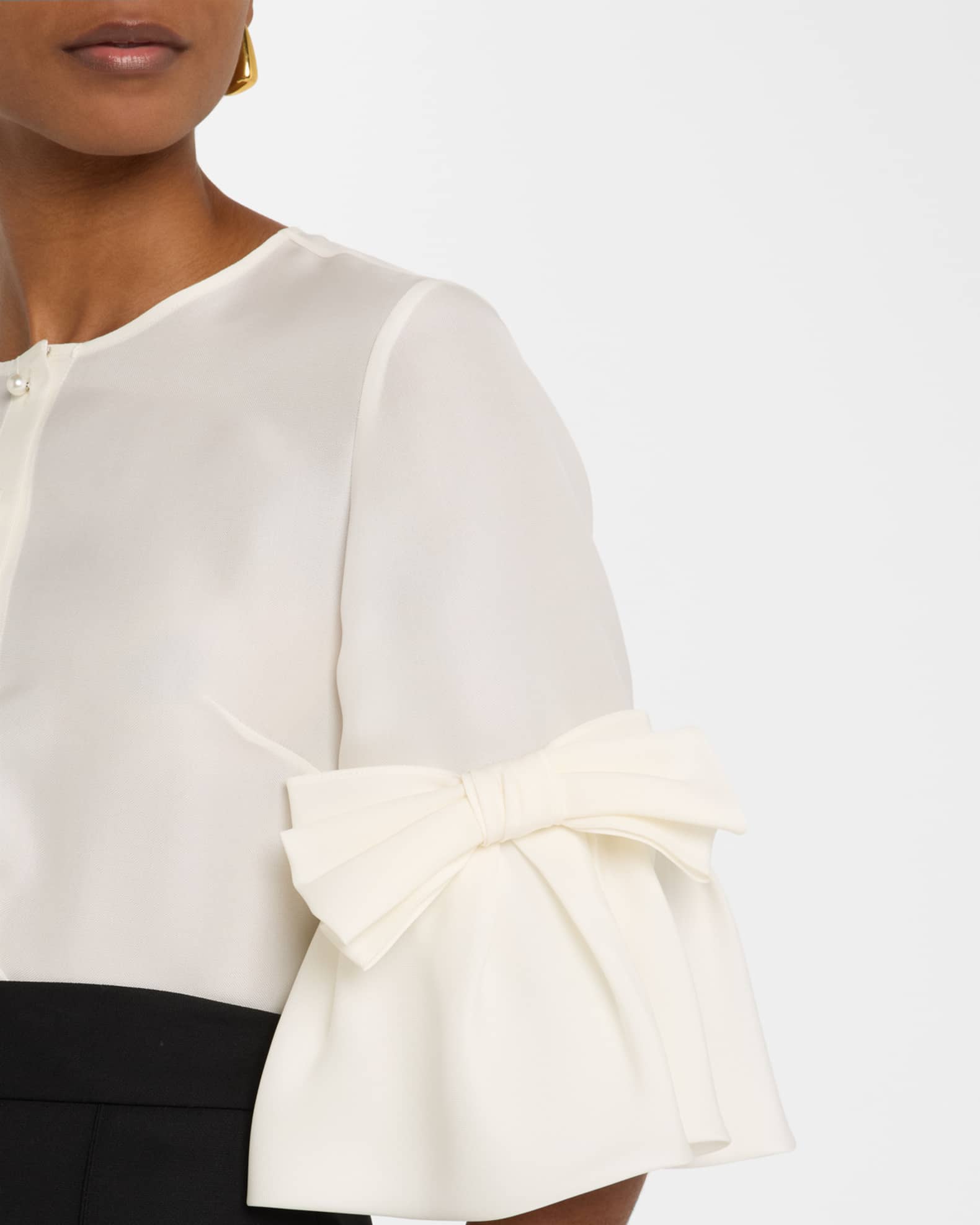 Carolina Herrera Pearly Button Bow Ruffle-Sleeve Silk Top