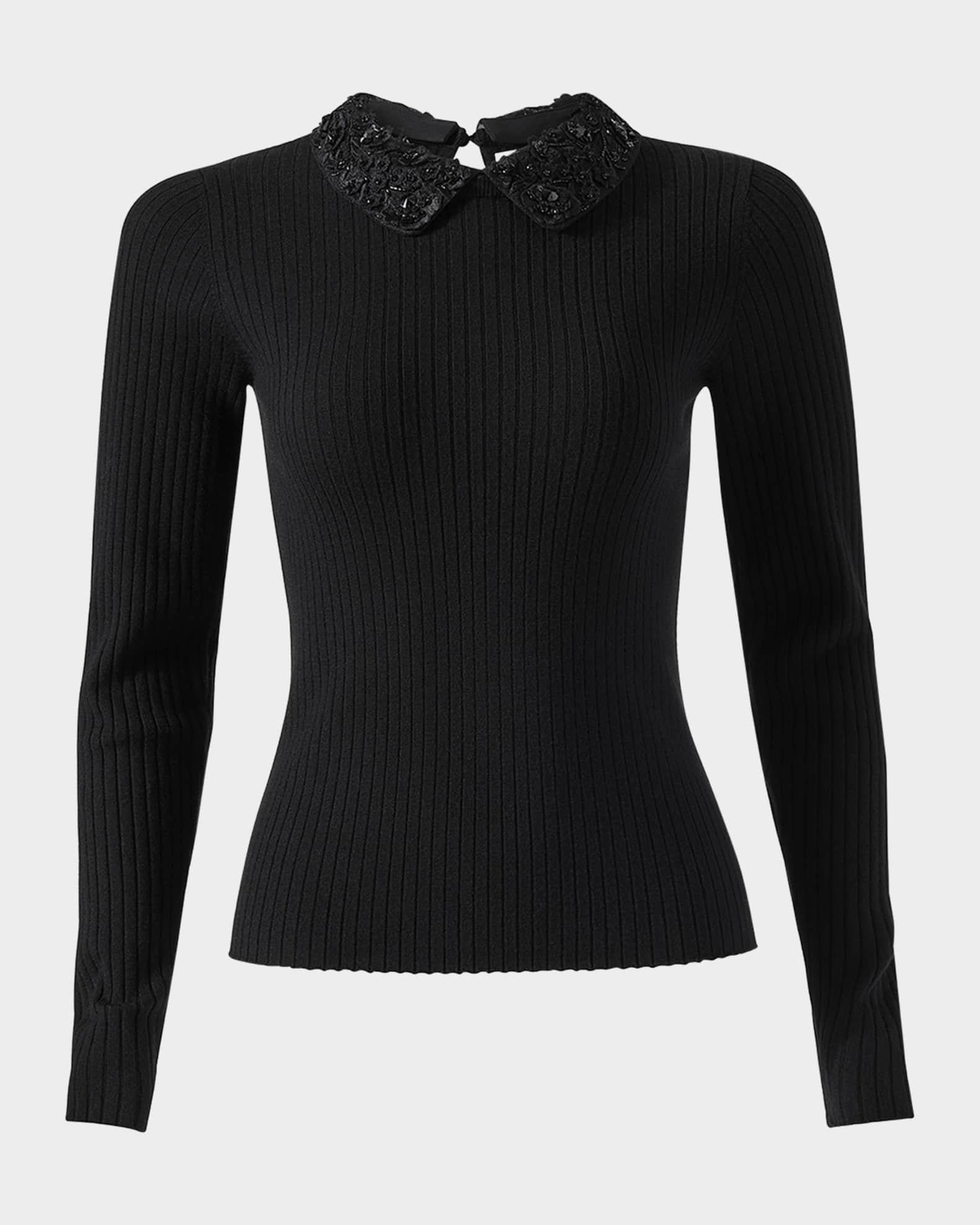Carolina Herrera Removable Lace Collar Long Sleeve Rib Sweater Black Women s Small Sweaters