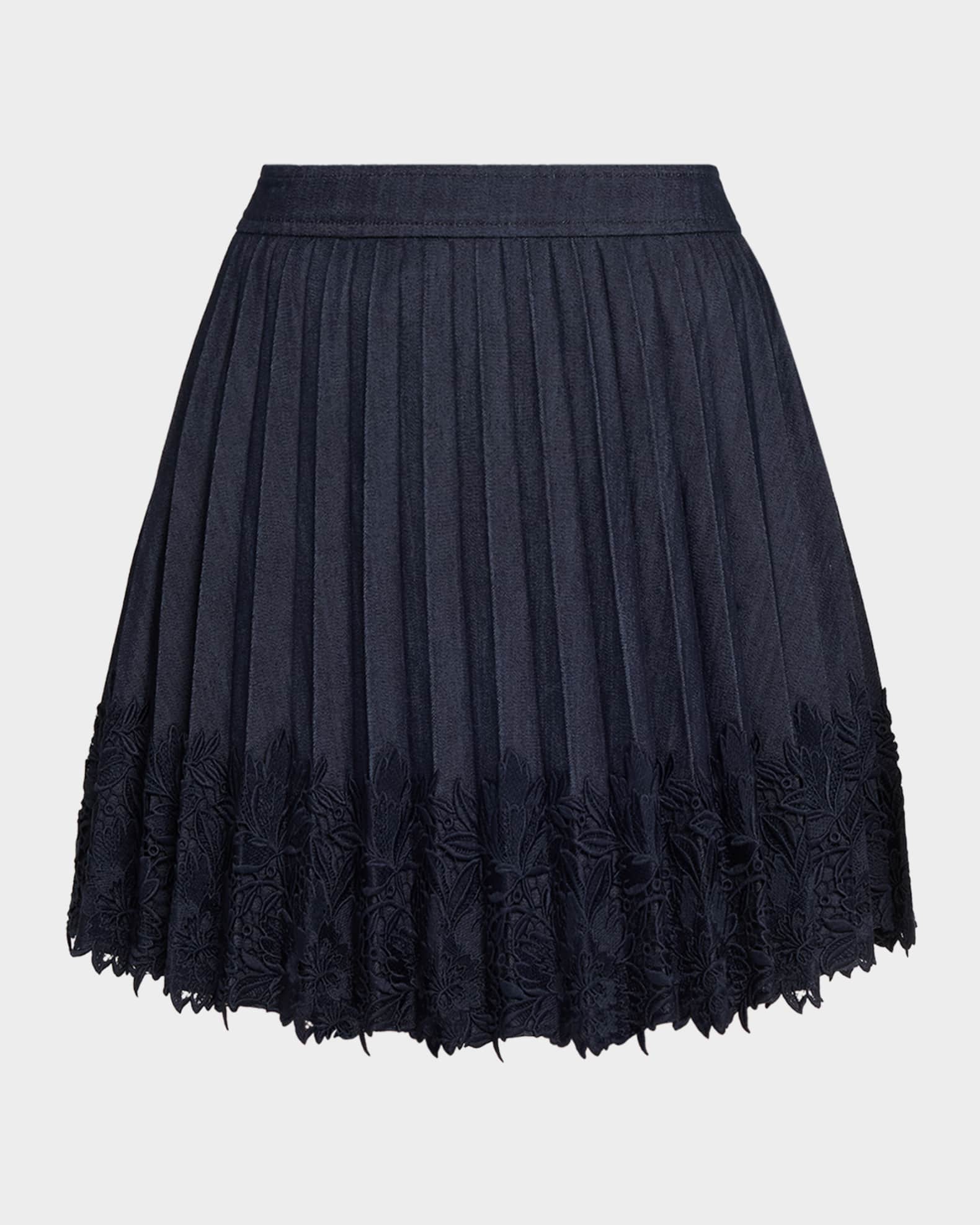 Cinq a Sept Laney Pleated Denim Lace Mini Skirt | Neiman Marcus
