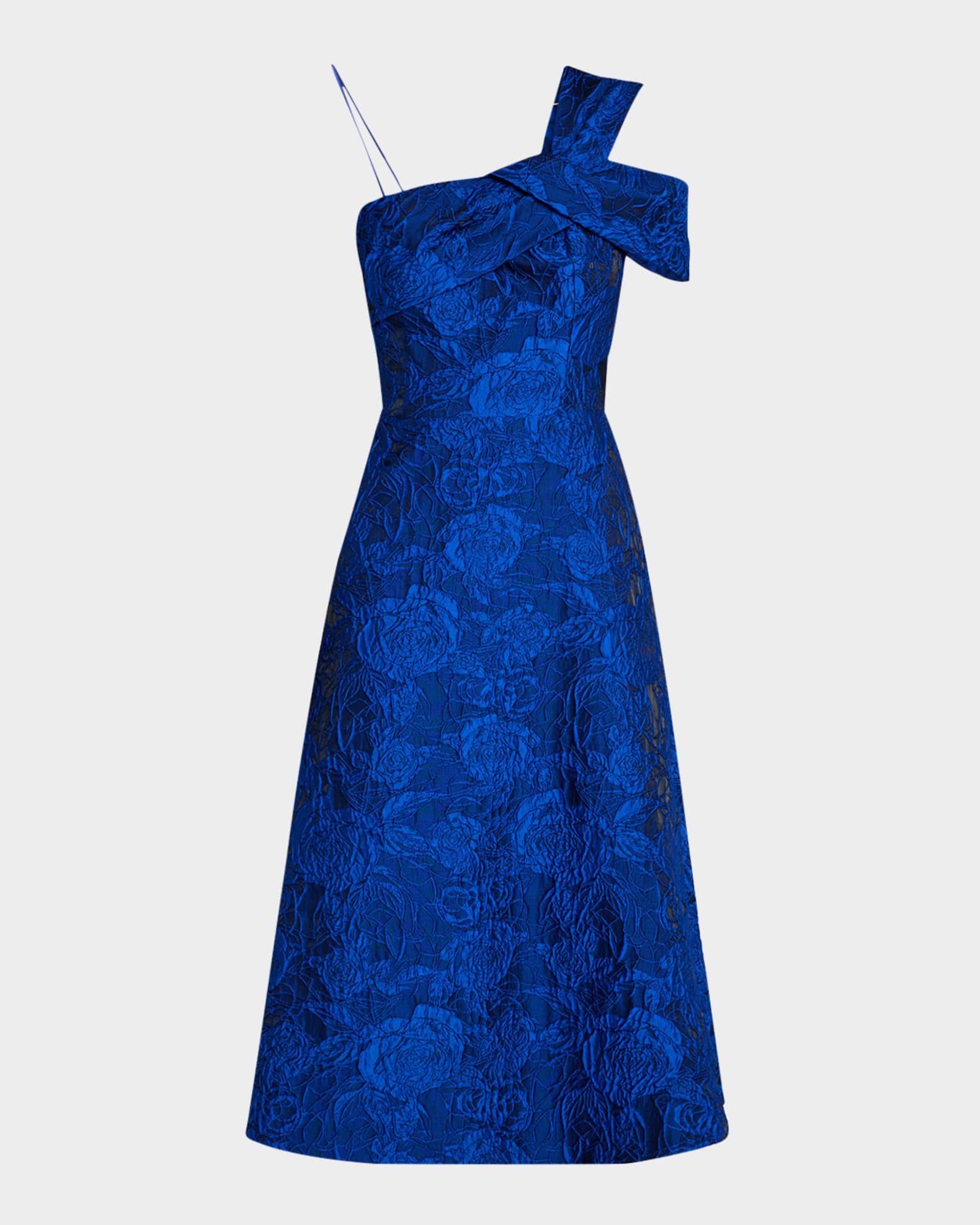 One Shoulder Floral Jacquard Midi Dress