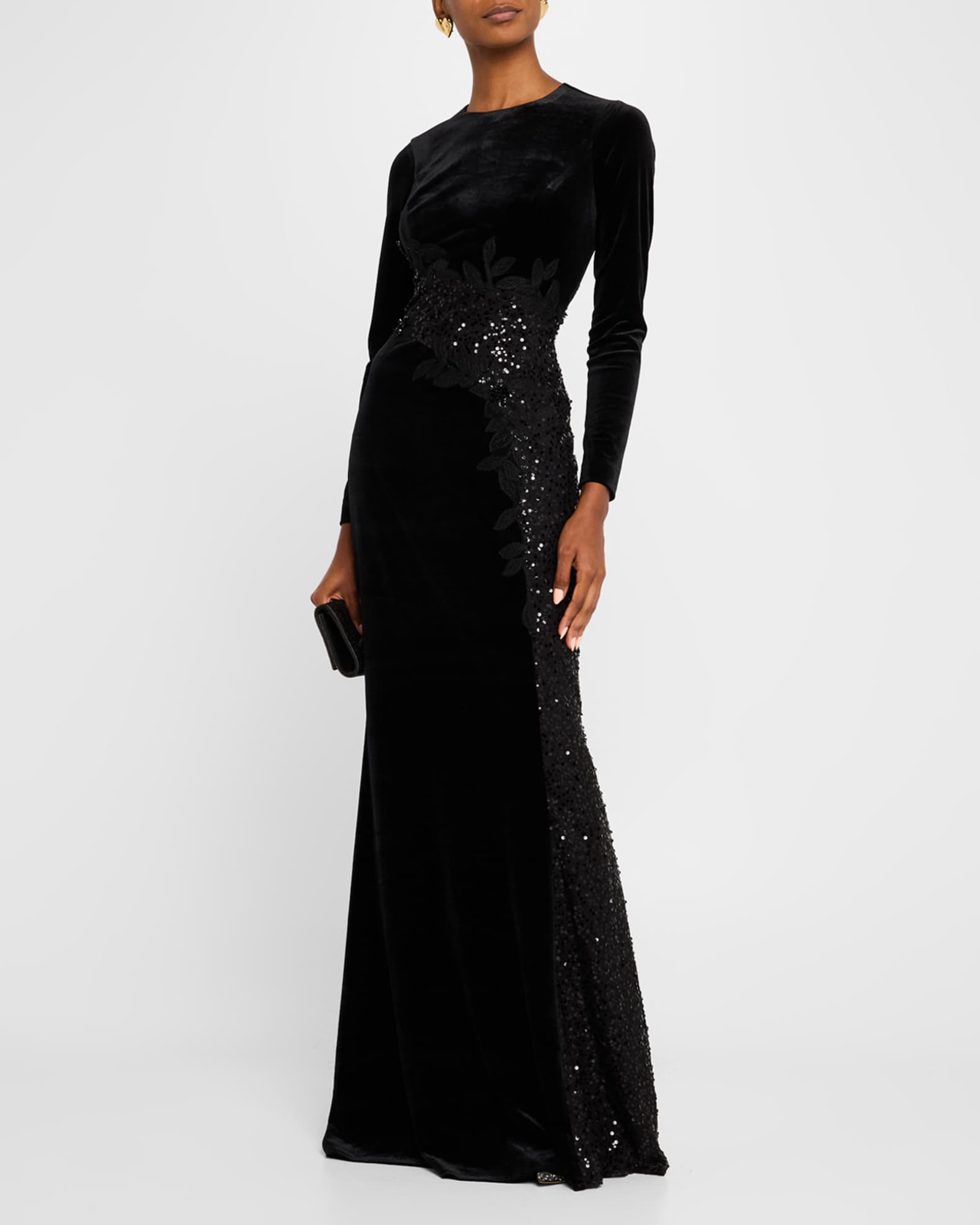 Floral-Embroidered Sequin Velvet Gown 1