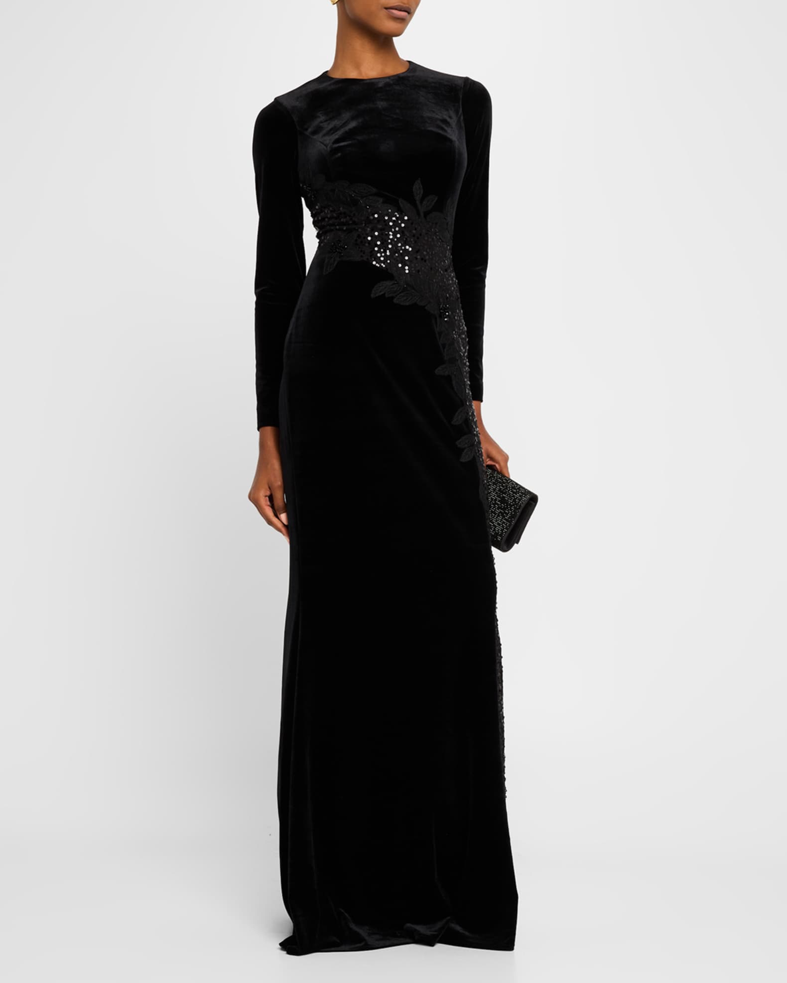 Floral Embroidered Sequin Velvet Gown