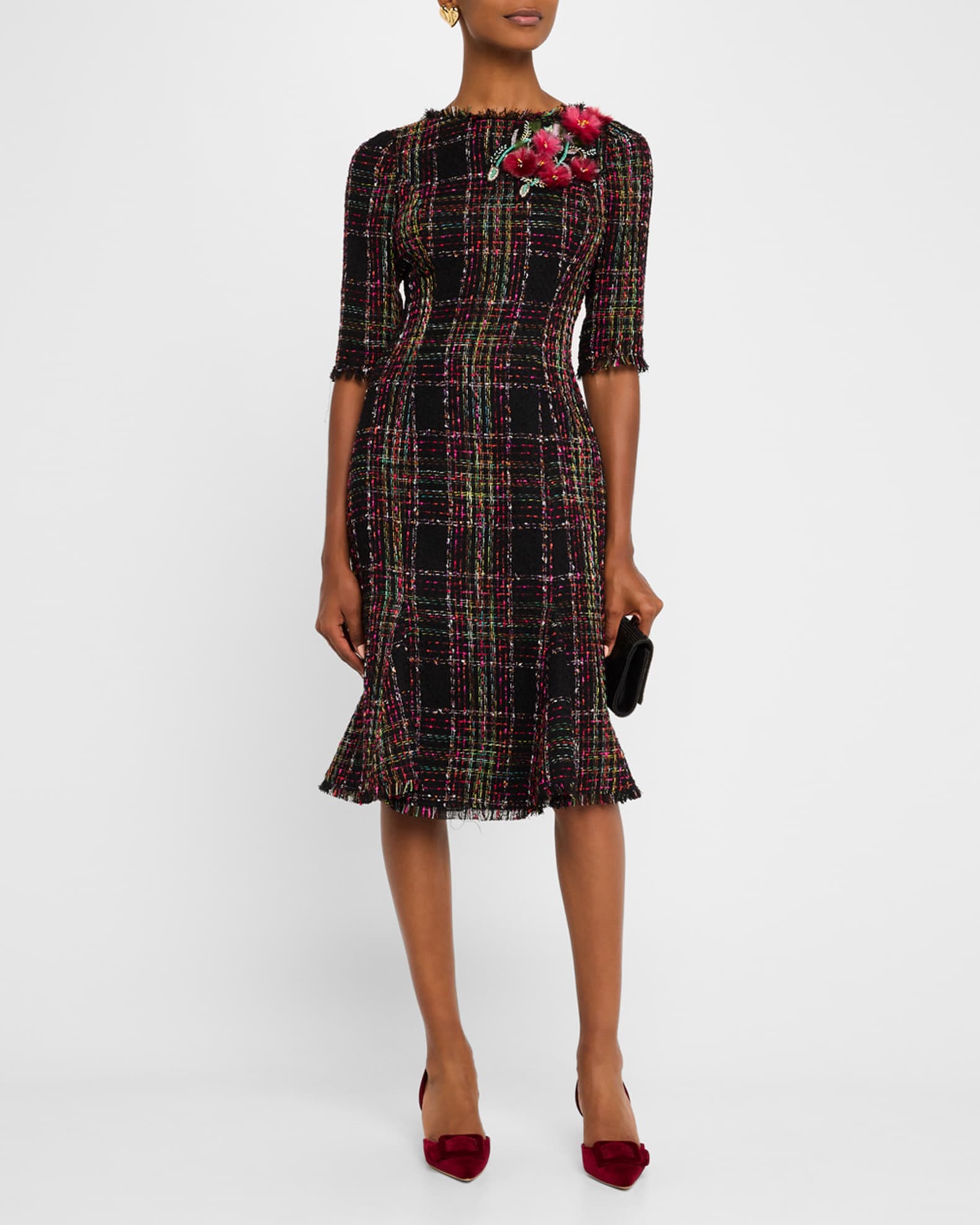 Beaded Floral Applique Tweed Dress 1