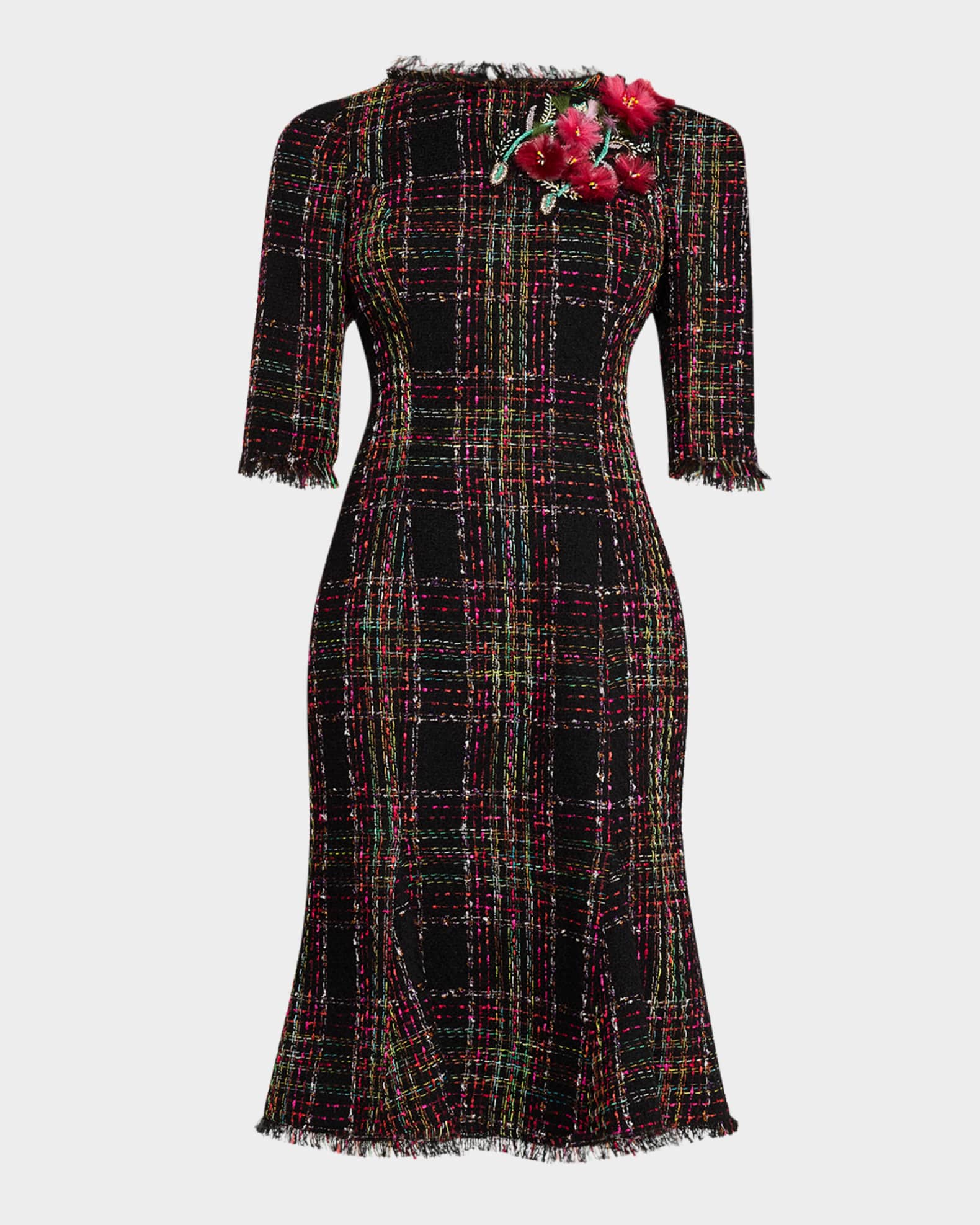 Beaded Floral Applique Tweed Dress 0