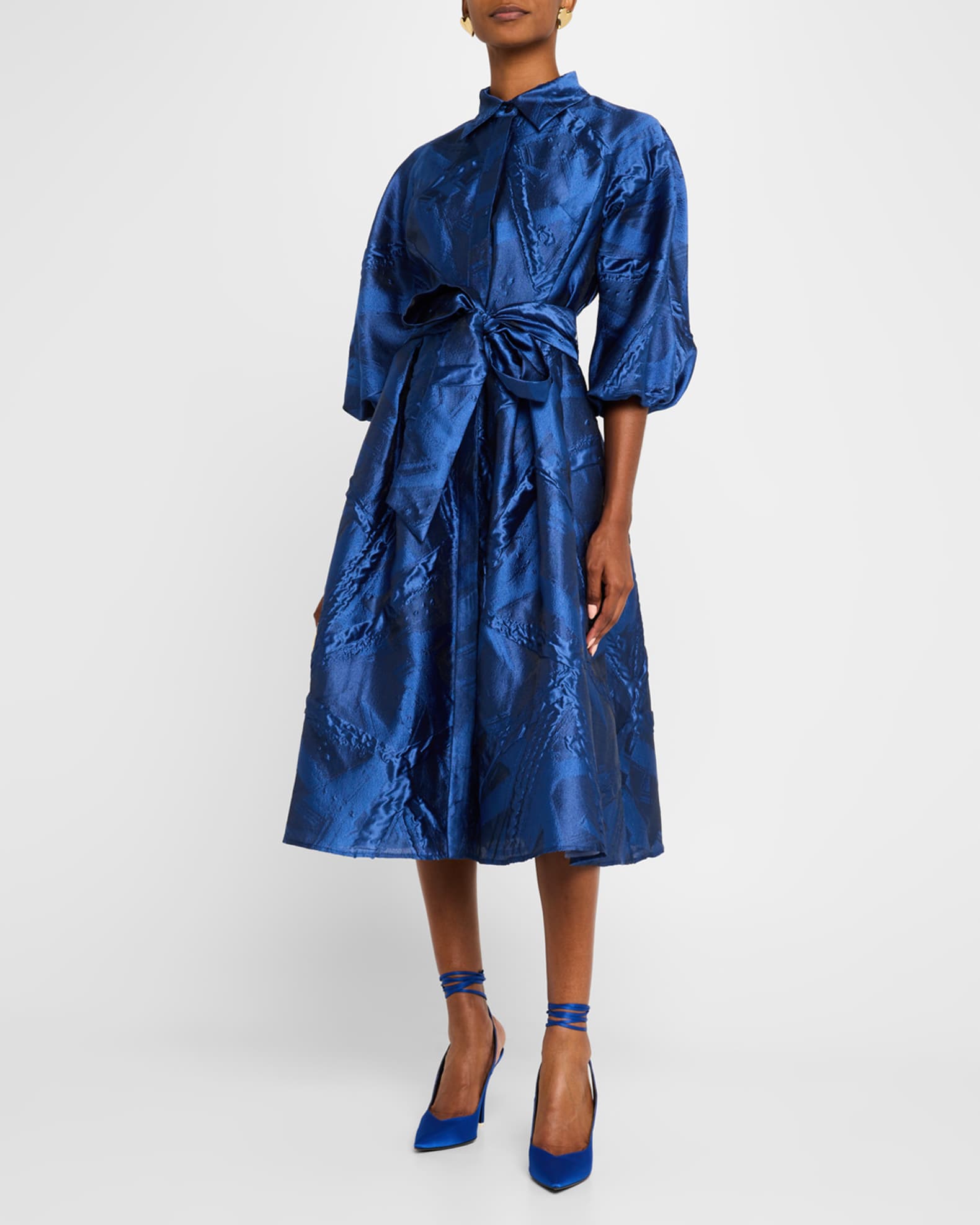 Rickie Freeman for Teri Jon Blouson-Sleeve Jacquard Midi