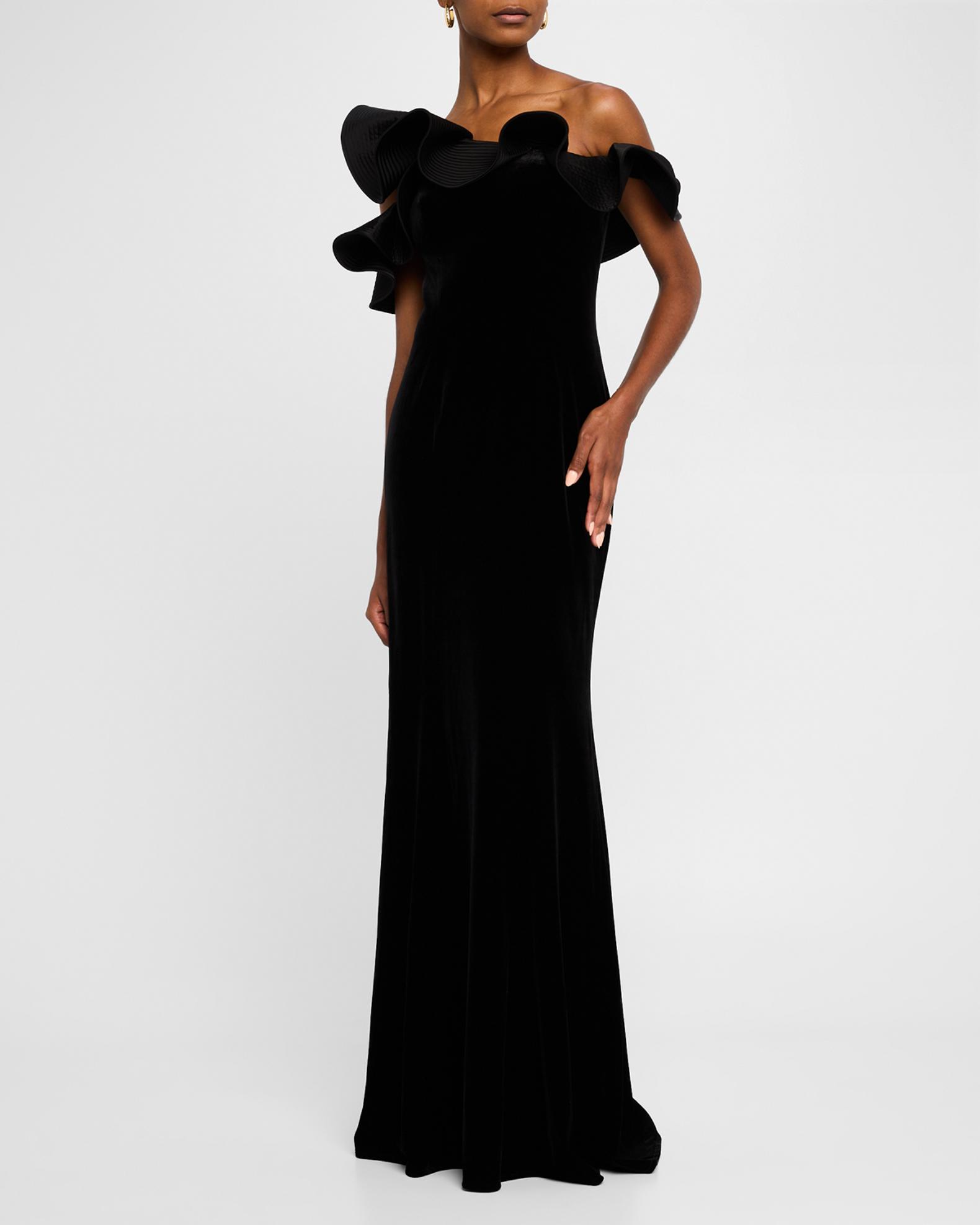 Rickie Freeman for Teri Jon One-Shoulder Ruffle Stretch Velvet Gown ...