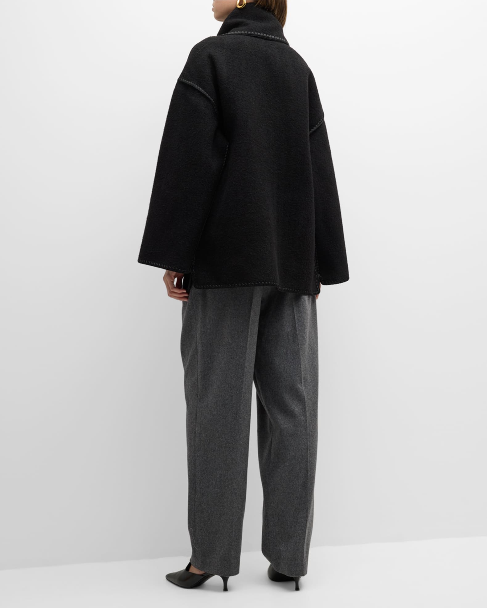Fringe-Trimmed Coat with Embroidered Scarf Accent - Blue main image 0