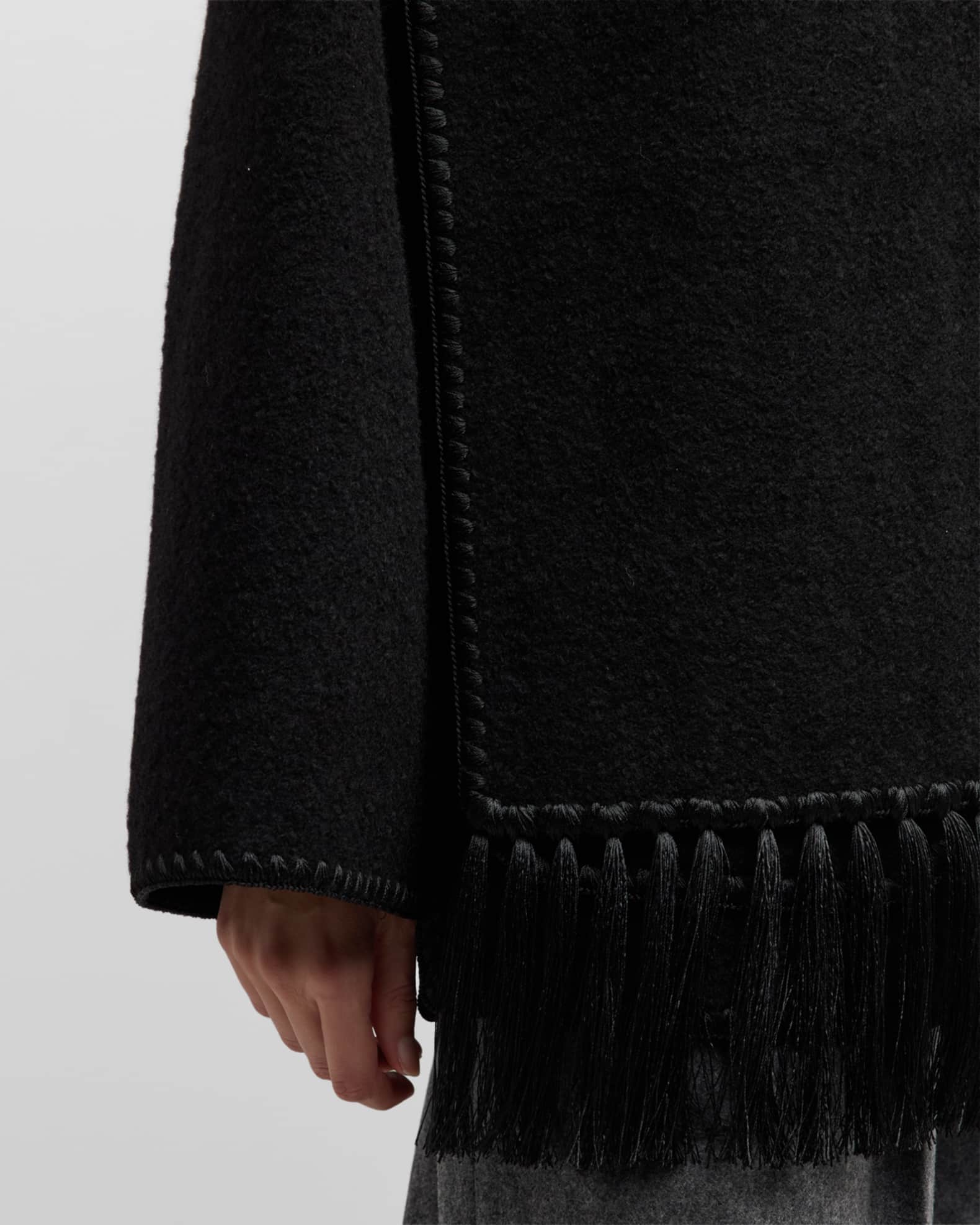 Fringe-Trimmed Coat with Embroidered Scarf Accent - Black main image 0