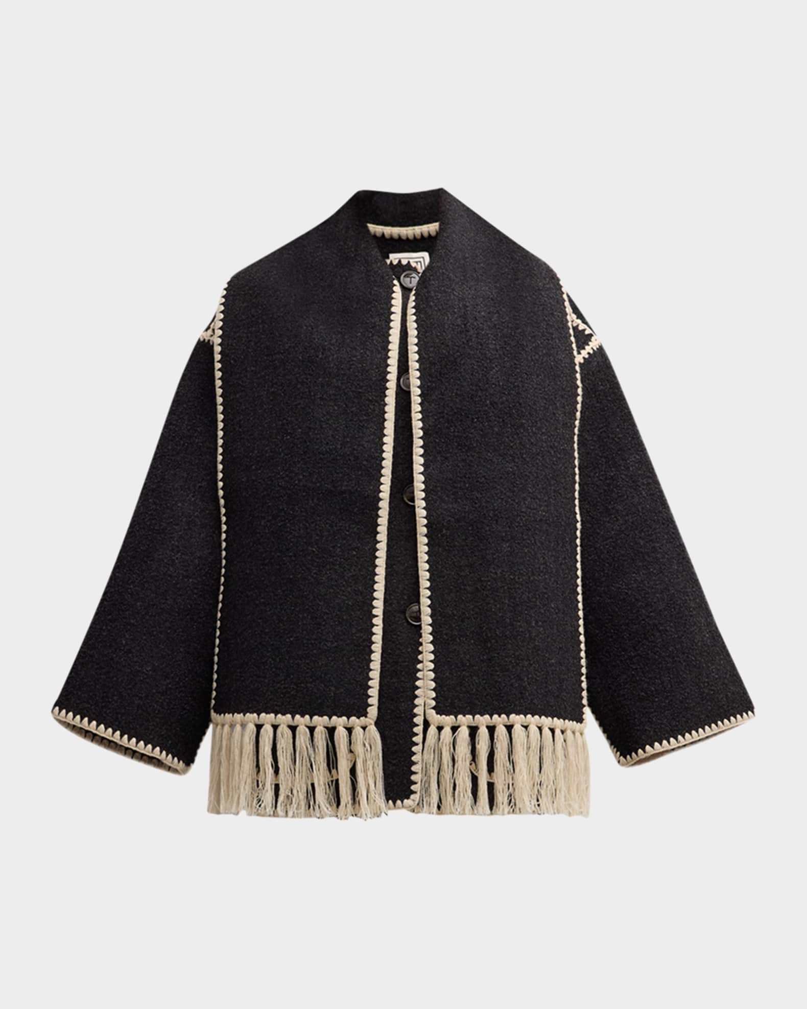 Fringe Embroidered Scarf Wool Jacket 0