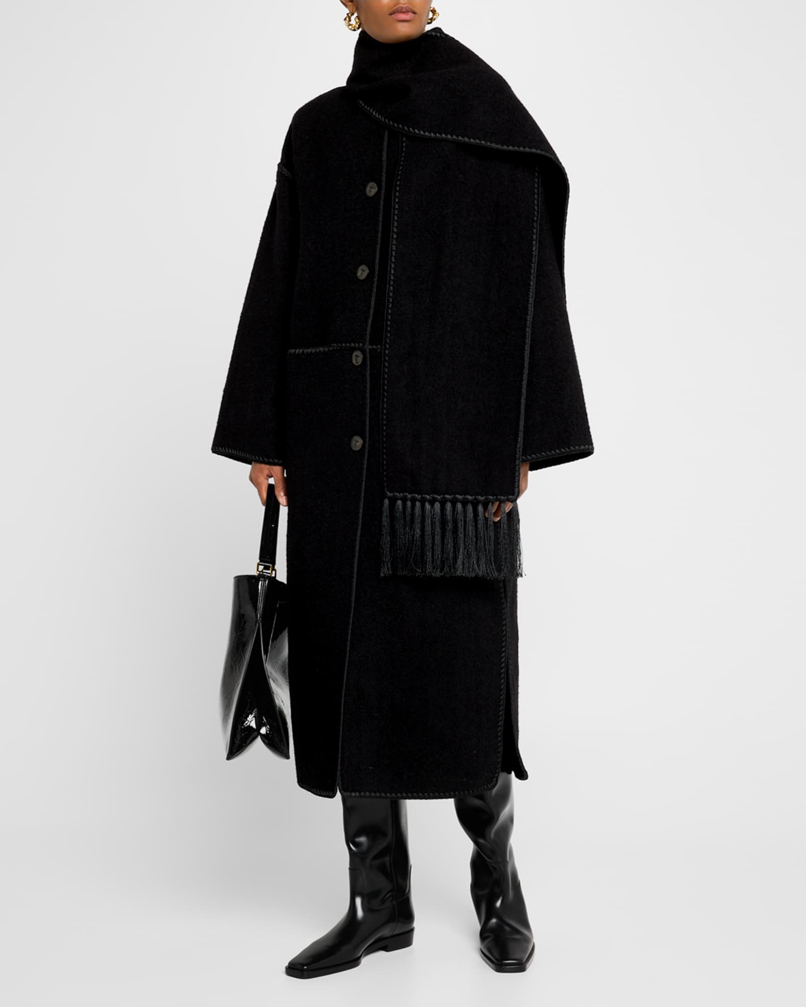 コート TOTEME Woman Coat Black 244WRO918FB0292 001 Toteme Fringe Embroidered Scarf Wool Coat | Neiman Marcus