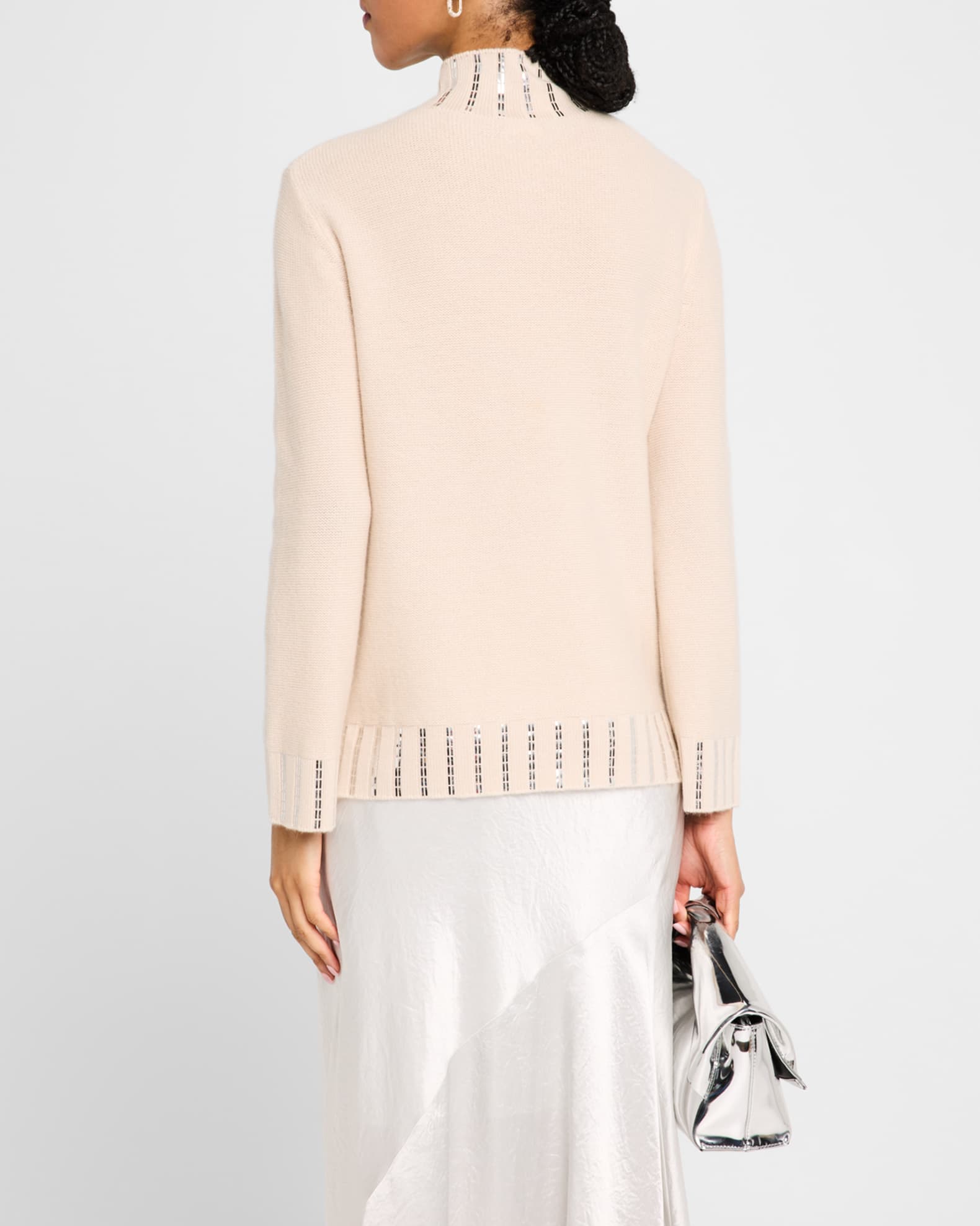 Neiman Marcus Cashmere Embellished Mock Neck Sweater Bone