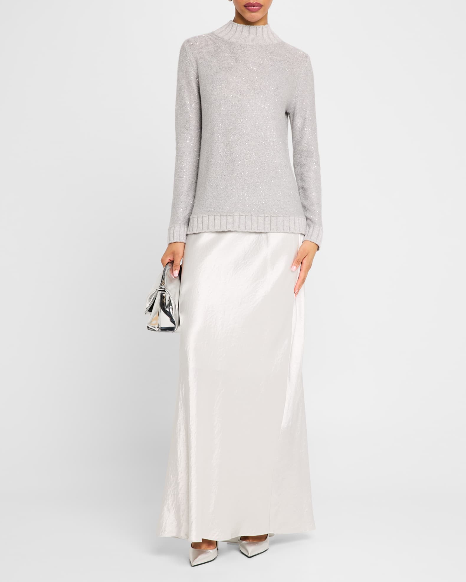 Neiman Marcus Cashmere Collection Cashmere Mock Neck Sequin Knit Sweater Grey Women s XS Sweaters Cashmere Sweaters