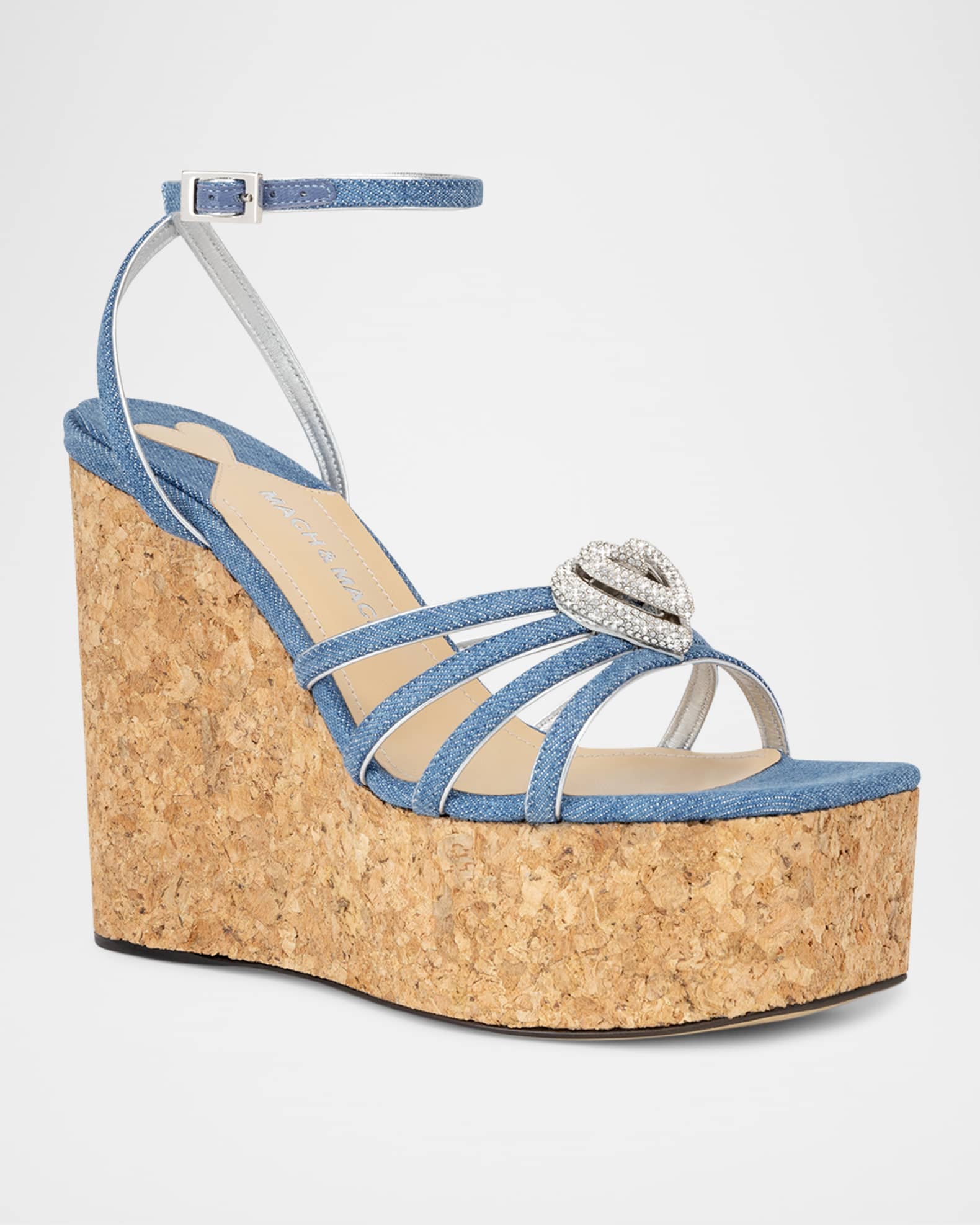 MACH & MACH Double Heart Denim Wedge Sandals | Neiman Marcus