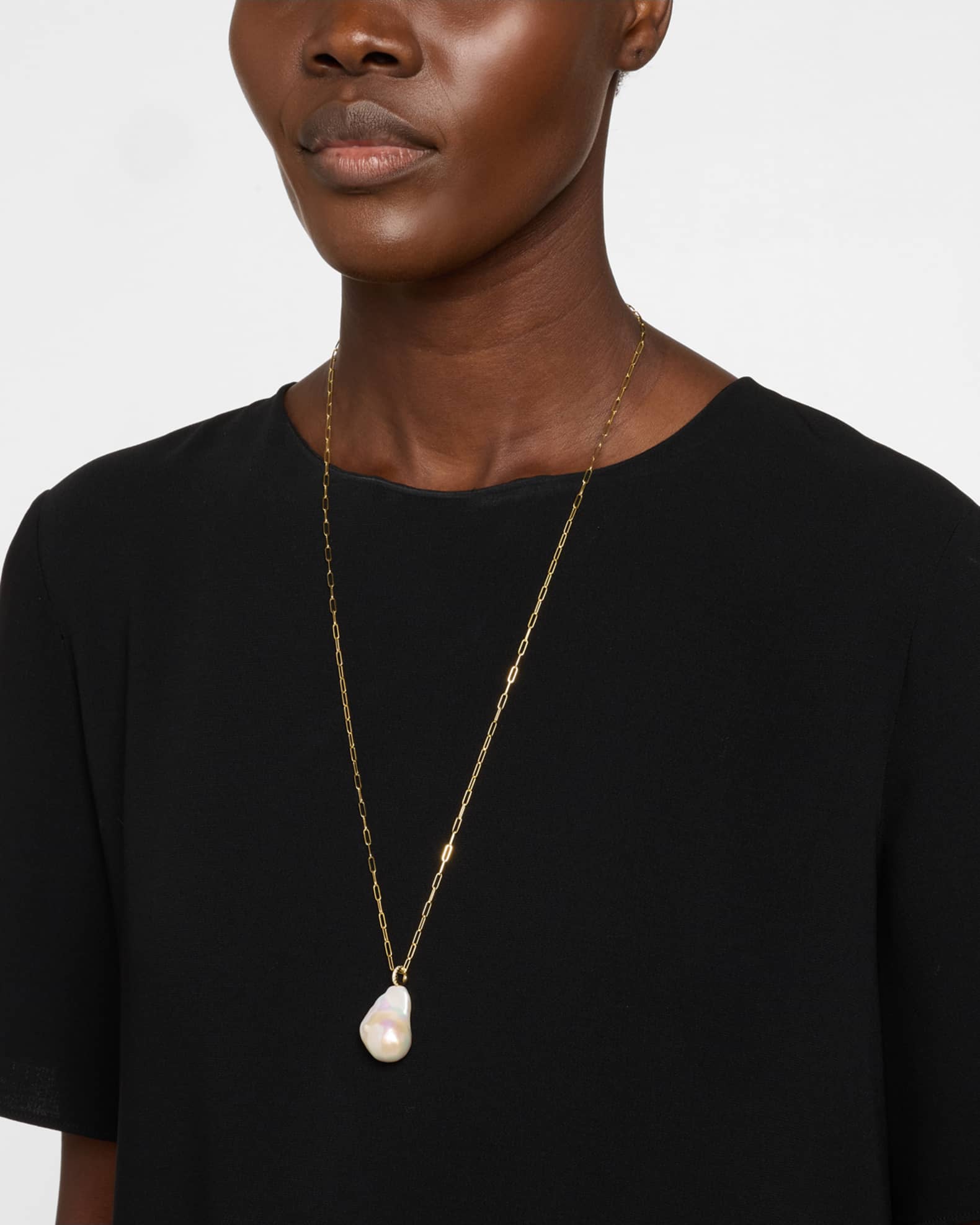 14K Yellow Gold Diamond and Baroque Pearl Link Chain Necklace, 27"L 1